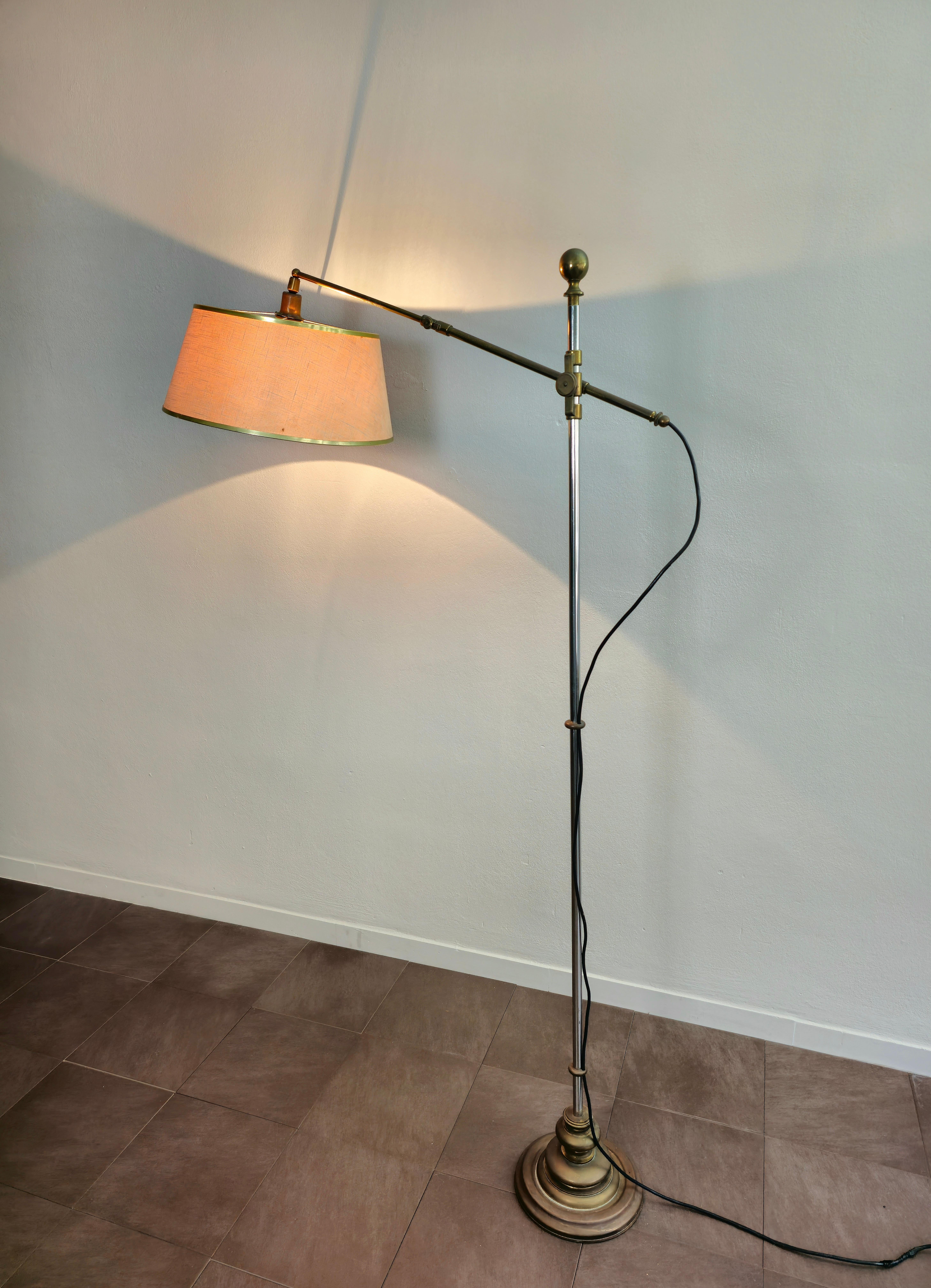 Midcentury Floor Lamp Brass Chromed Metal Fabric Adjustable Italian Design 1950s In Good Condition For Sale In Palermo, IT