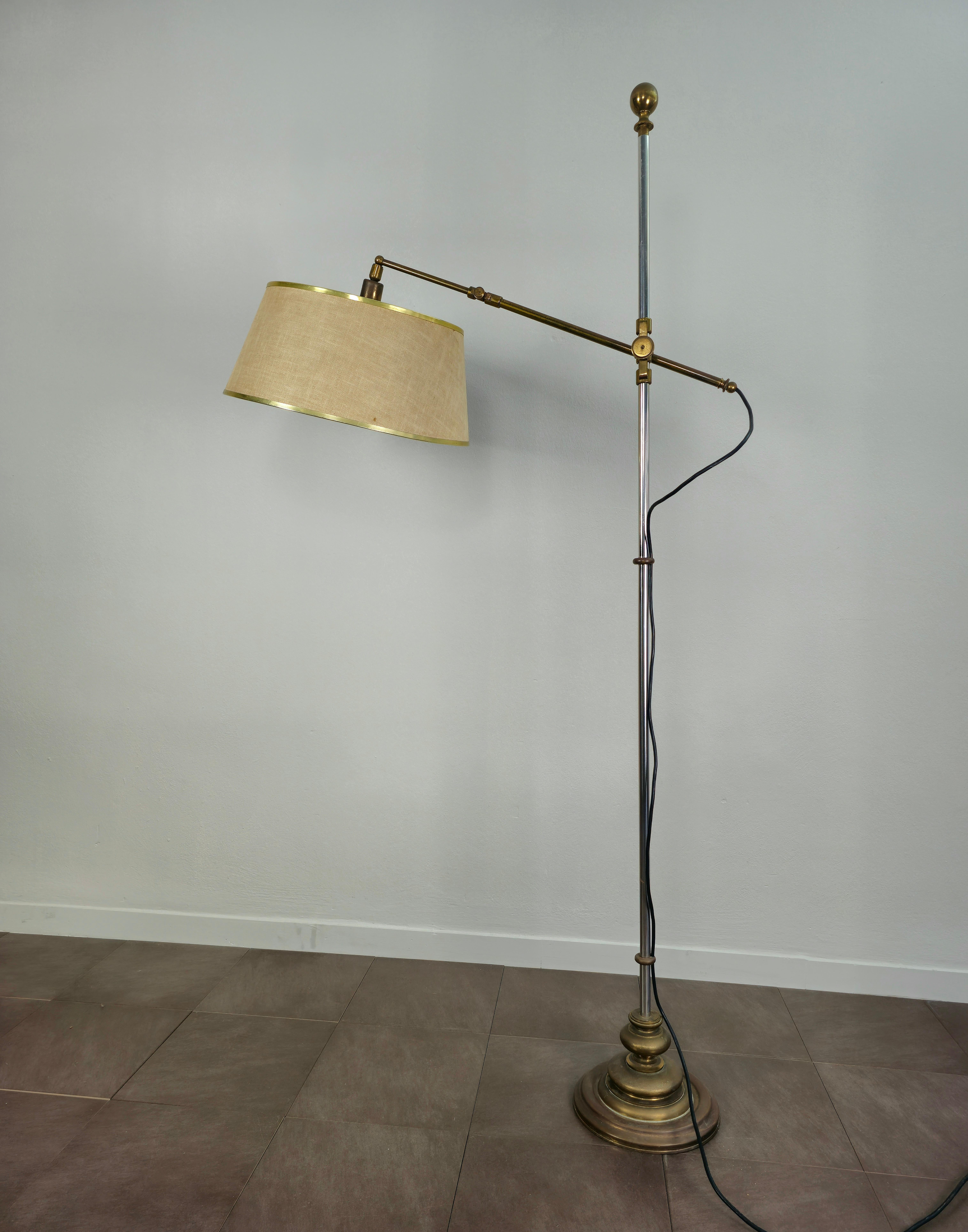 20th Century Midcentury Floor Lamp Brass Chromed Metal Fabric Adjustable Italian Design 1950s For Sale