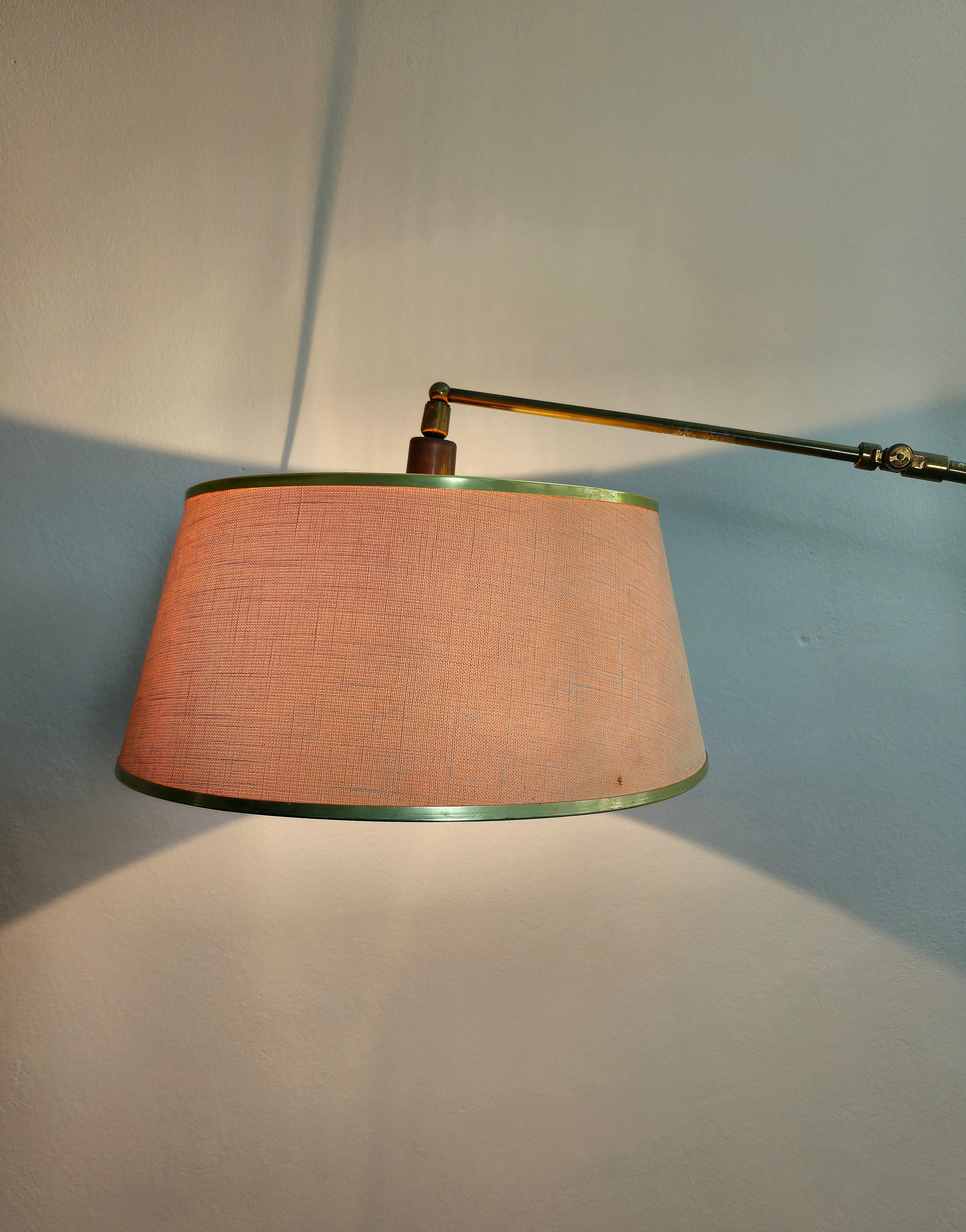 Midcentury Floor Lamp Brass Chromed Metal Fabric Adjustable Italian Design 1950s For Sale 1