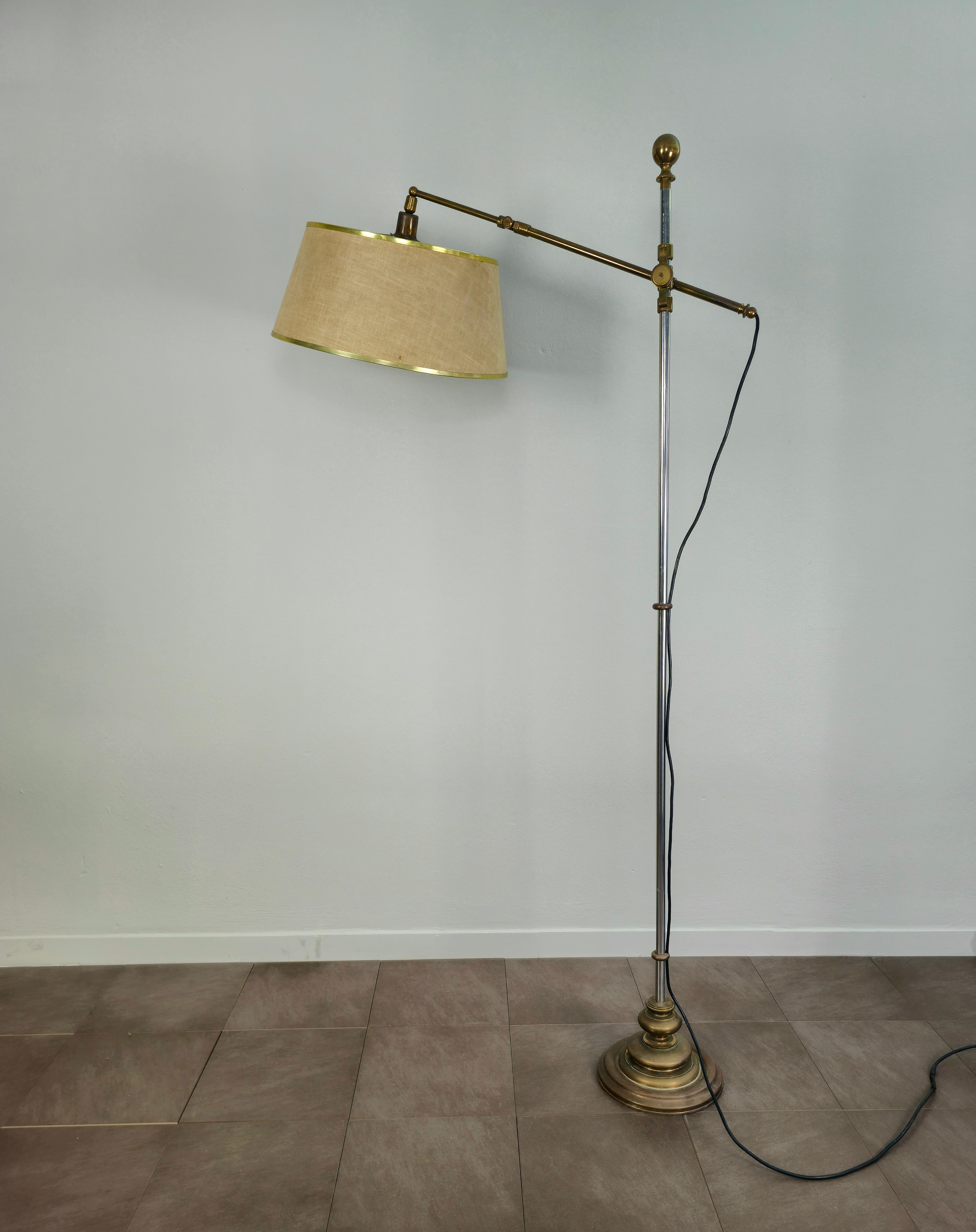 Midcentury Floor Lamp Brass Chromed Metal Fabric Adjustable Italian Design 1950s For Sale 2