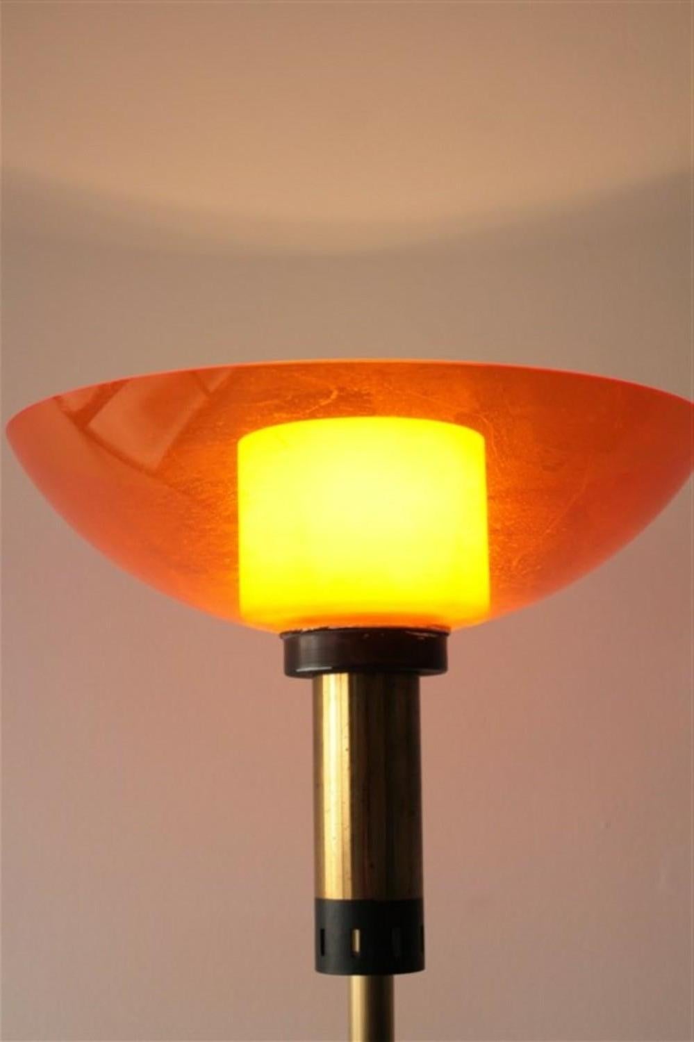 Midcentury floor lamp brass, glass opaline and orange perpex attributed to Stilux-Milano.