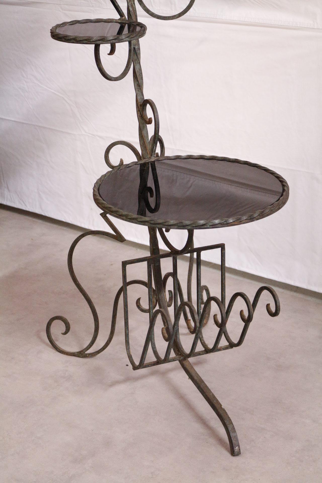 Midcentury floor lamp French wrought iron black glass plant Stand magazine rack
Shown with original shade
This can be re-wired and tested to USA or European standards.