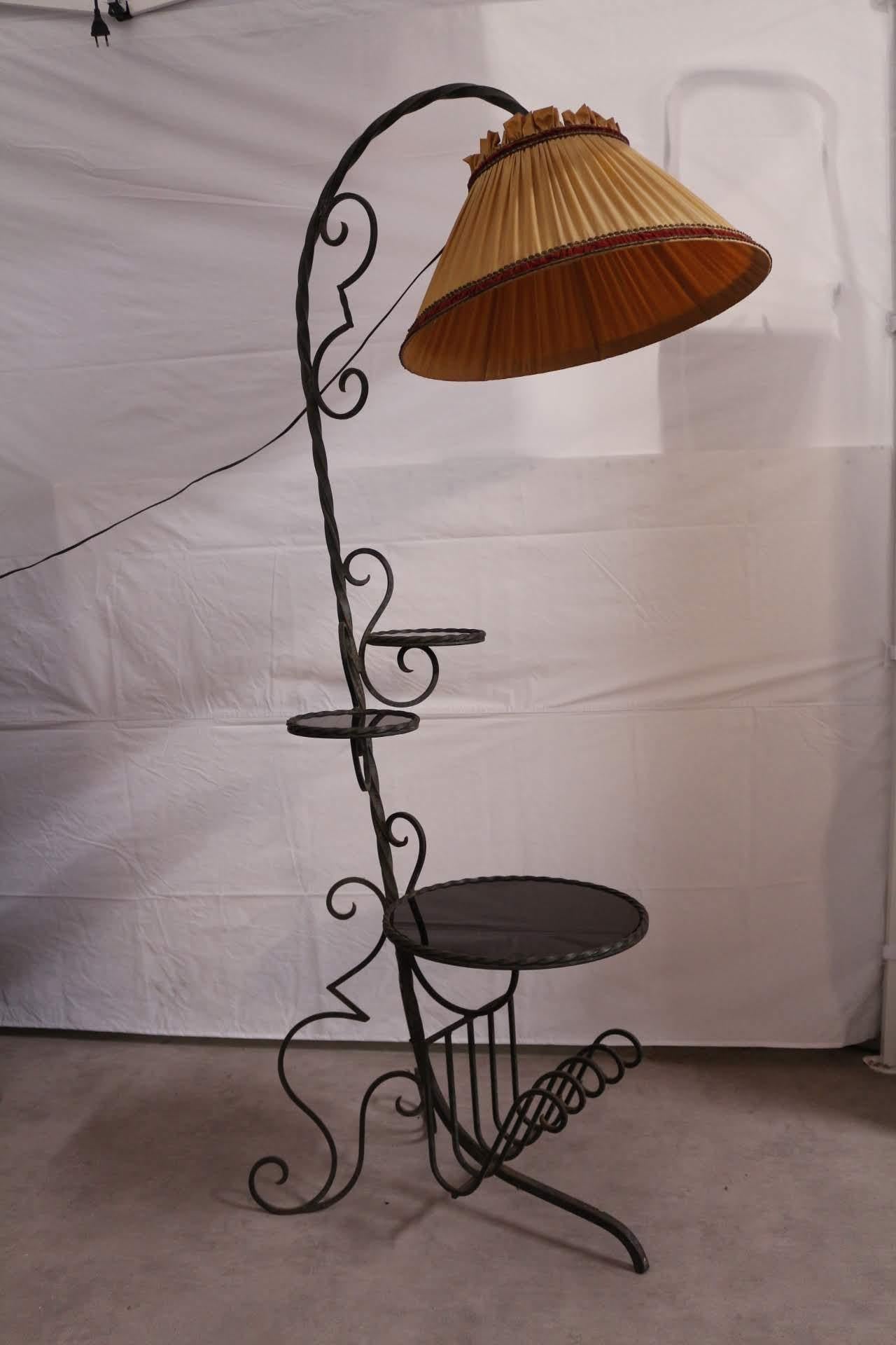 Midcentury Floor Lamp French Wrought Iron Black Glass Plant Stand Magazine Rack In Good Condition For Sale In Labrit, Landes