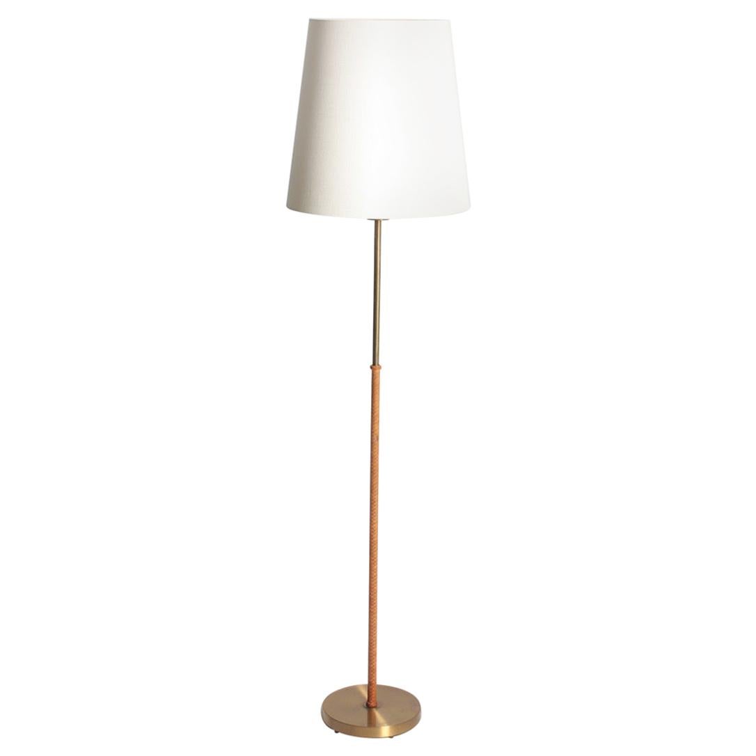 Midcentury Floor Lamp in Brass and Braided Leather, Swedish Modern, 1940s For Sale
