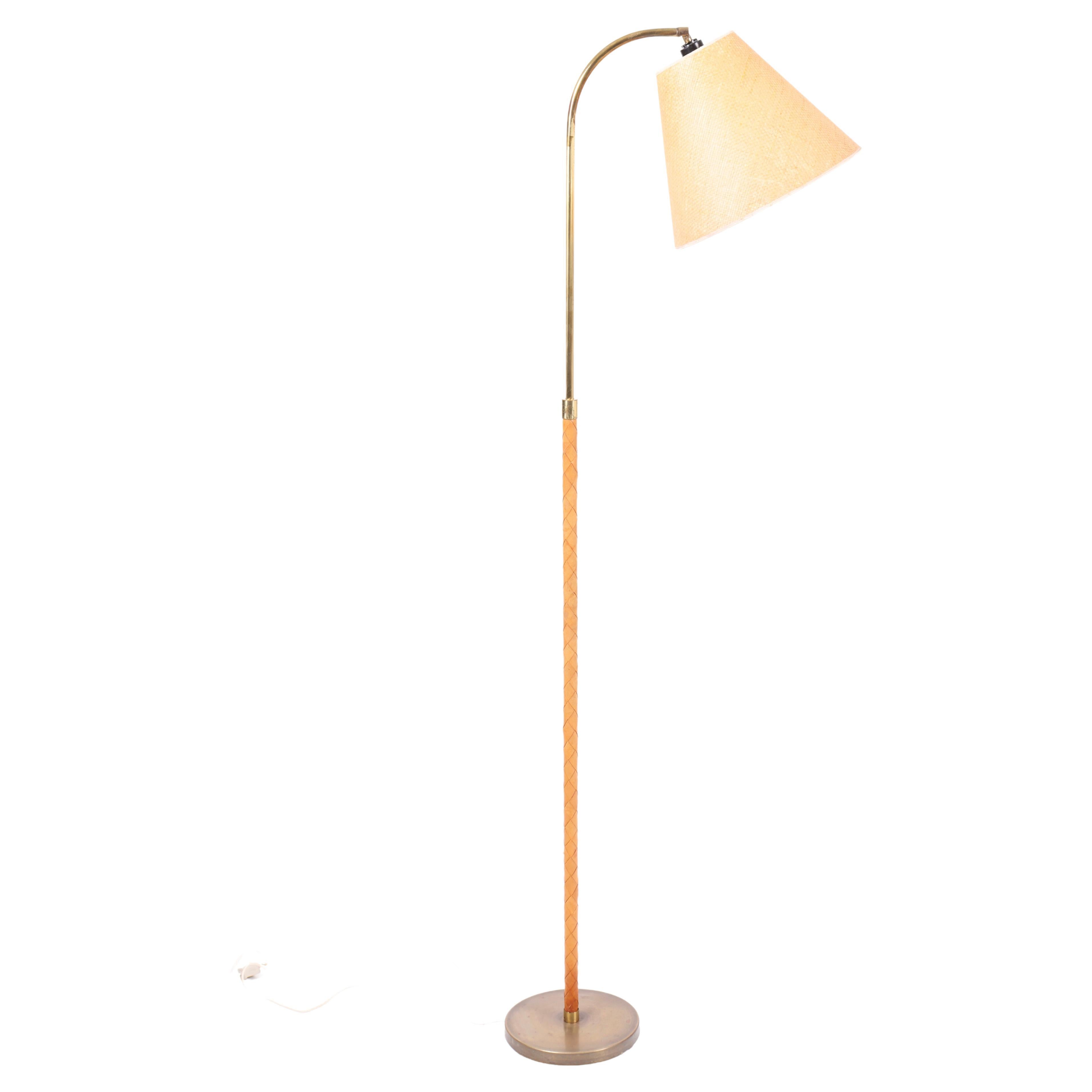 Midcentury Floor Lamp in Brass and Leather, Made in Denmark, 1960s For Sale