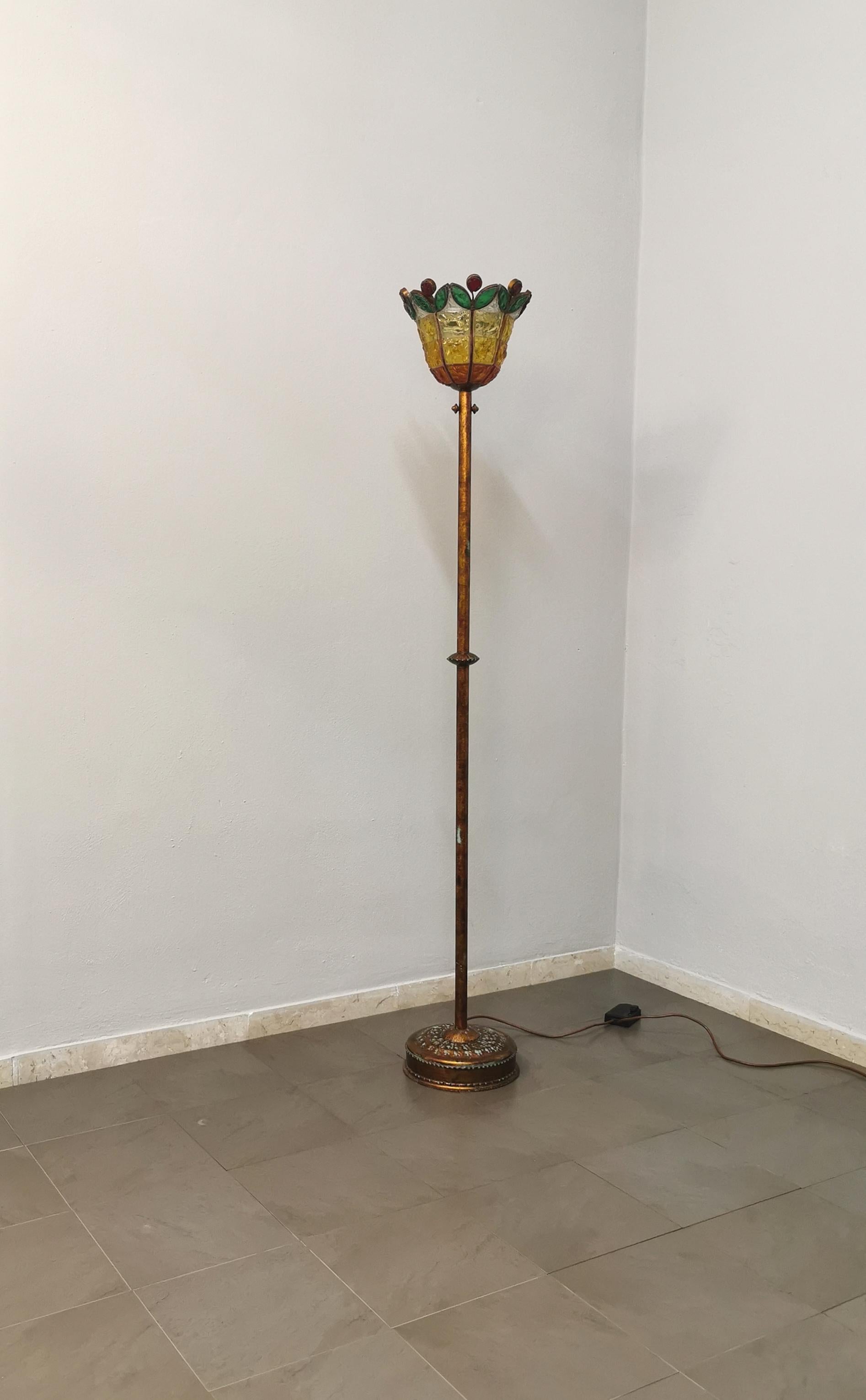 Italian  Floor Lamp Poliarte Metal Hammered Glass Multicolor Midcentury, Italy, 1970s