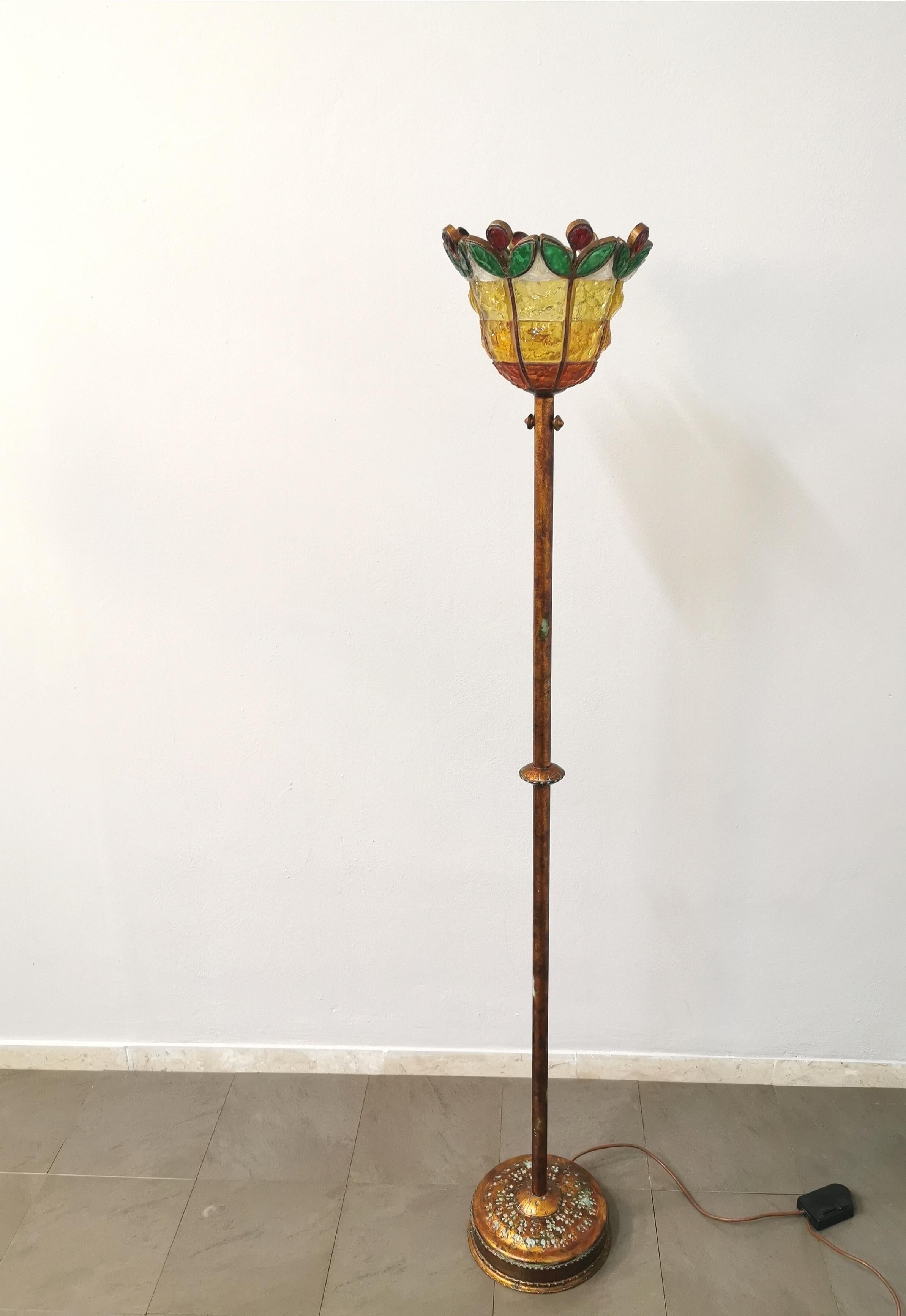  Floor Lamp Poliarte Metal Hammered Glass Multicolor Midcentury, Italy, 1970s 2