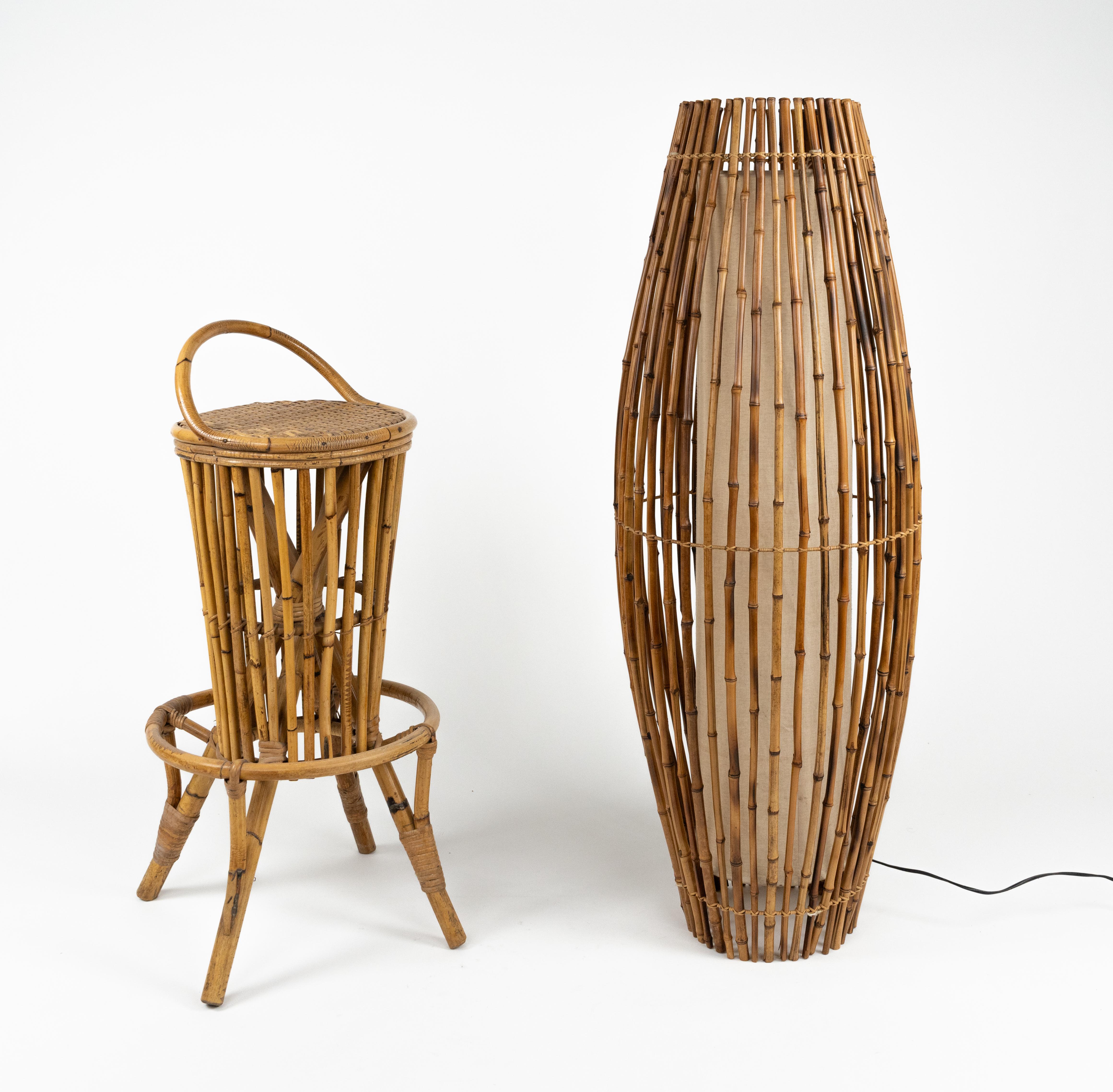 Mid-20th Century Midcentury Floor Lamp Rattan, Bamboo and Fabric Franco Albini Style, Italy 1960s For Sale