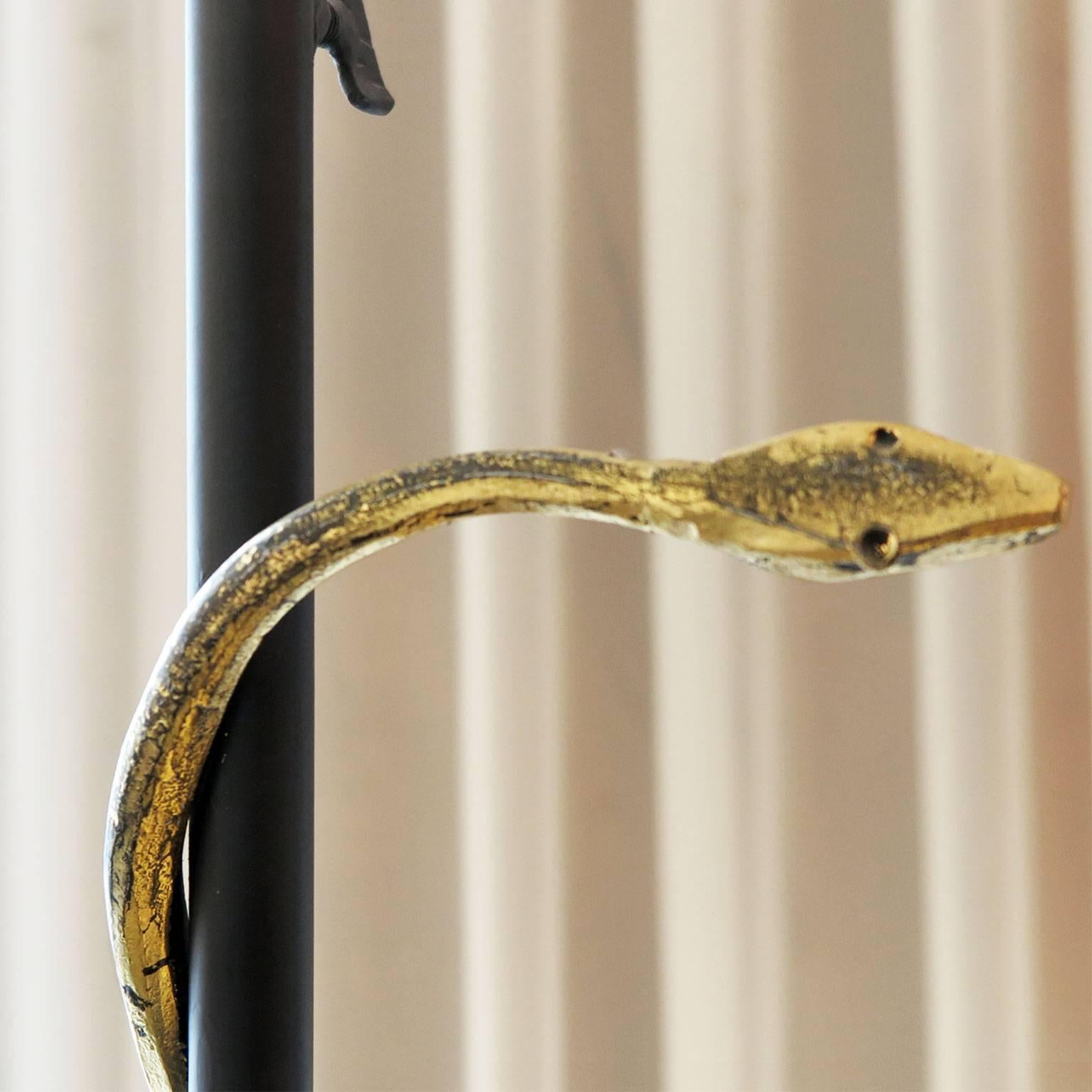 Mid-Century Modern Midcentury Floor Lamp with Gilded Snakes and Wrought Iron Base