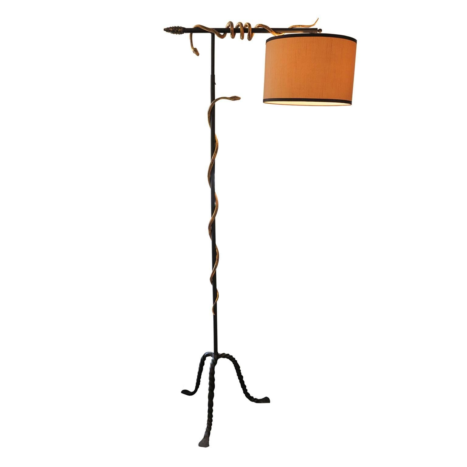 Midcentury Floor Lamp with Gilded Snakes and Wrought Iron Base at 1stDibs