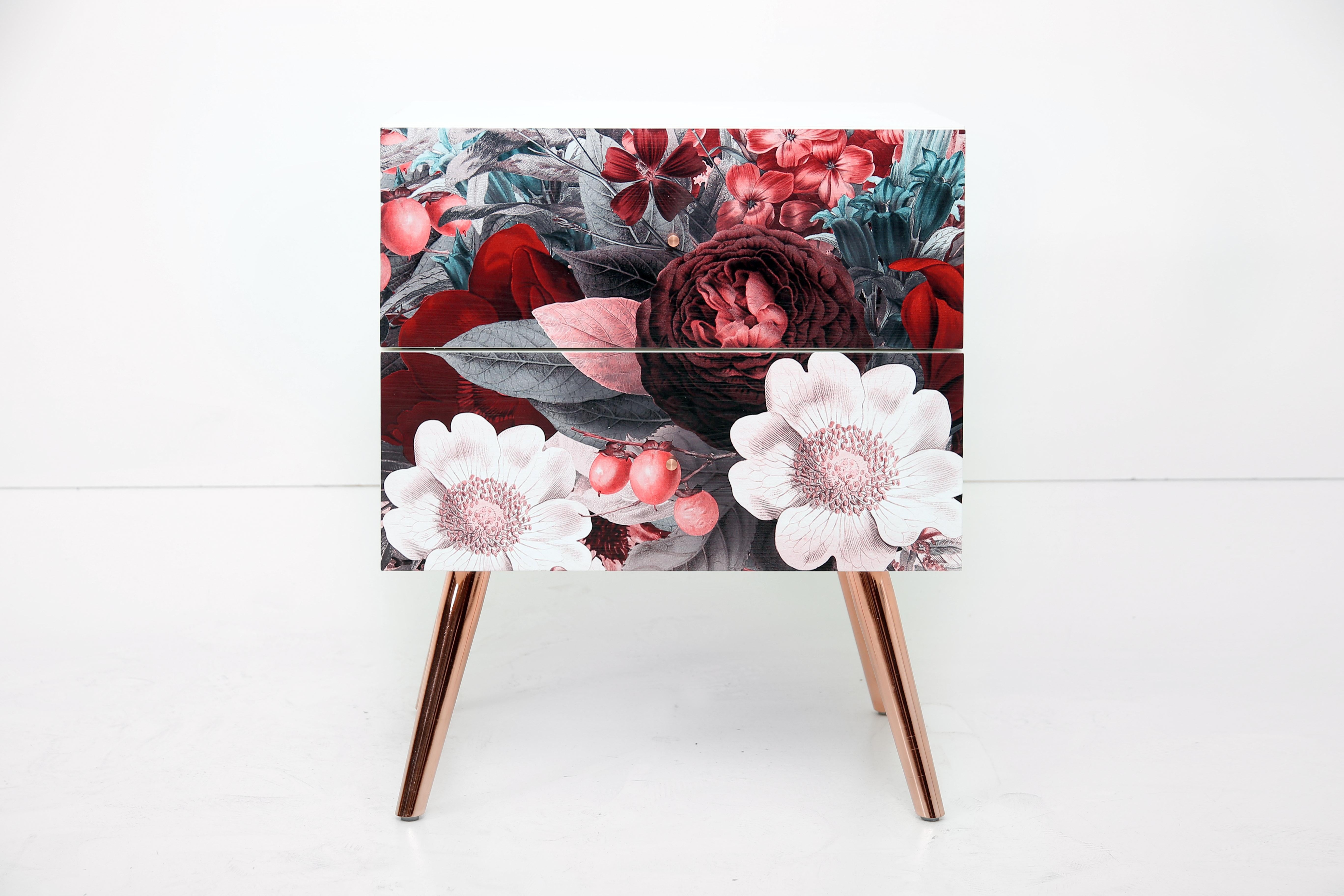 We are excited to show our first design from new furniture collection Floral! The first design is a Nightstand which features beautiful floral motifs. The Mid-Century Modern bedside table, the perfect union of materials, a harmony of forms. For