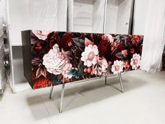 Midcentury Floral Black wood Rose Gold Sideboard Credenza