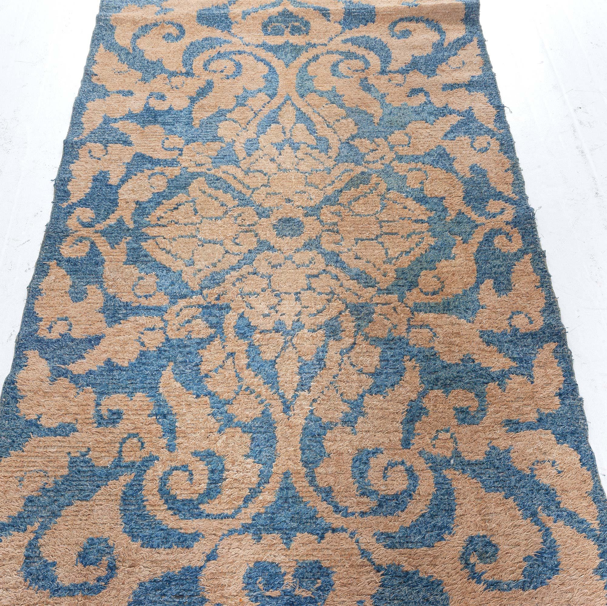 Mid-Century Modern Midcentury Floral Blue Yellow Chinese Wool Rug For Sale