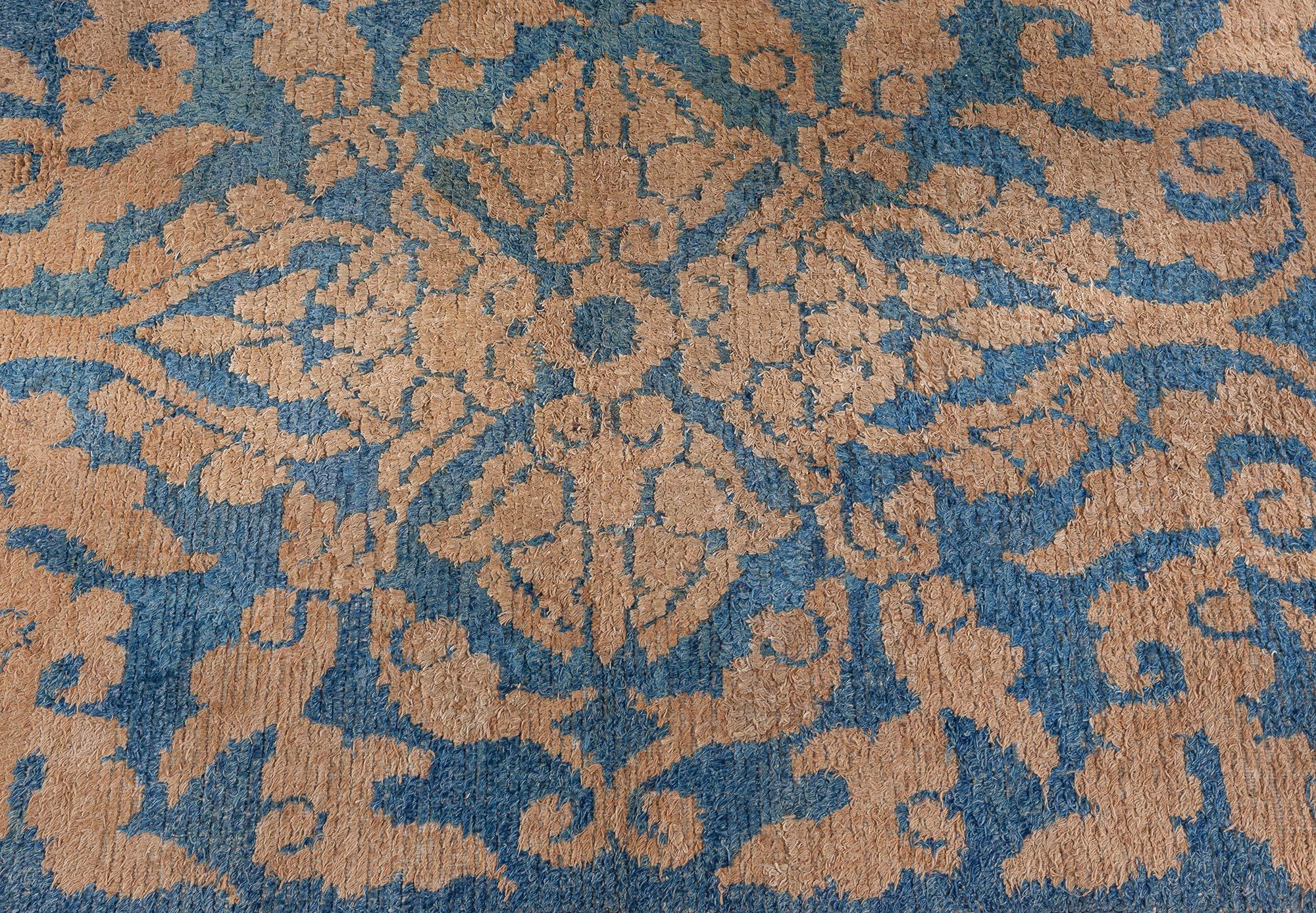 Hand-Knotted Midcentury Floral Blue Yellow Chinese Wool Rug For Sale