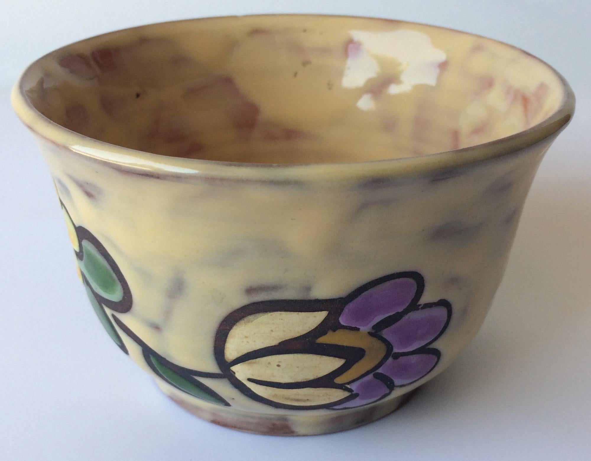 French Midcentury Floral Designed Ceramic Bowl Signed Miclay For Sale