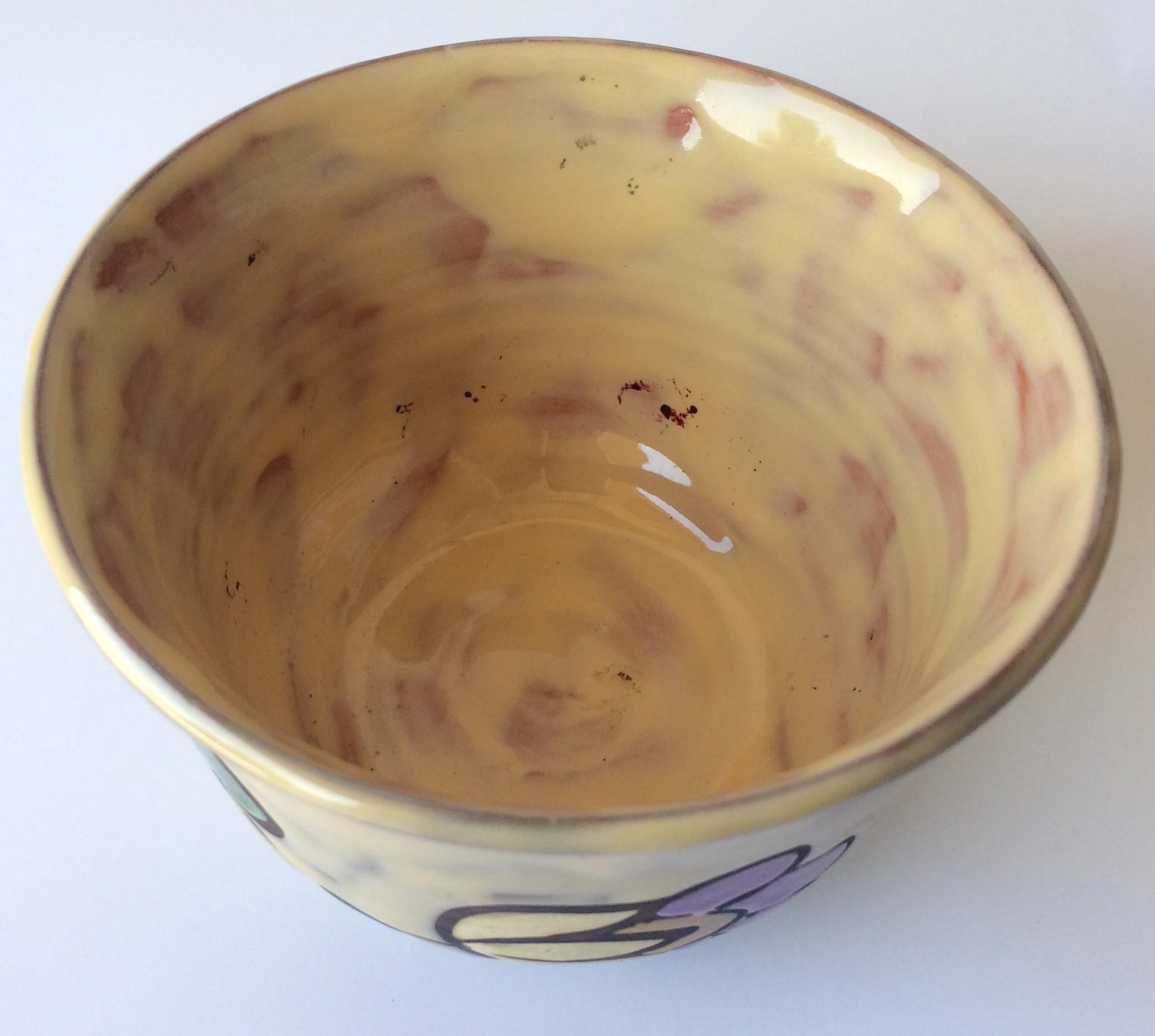 Glazed Midcentury Floral Designed Ceramic Bowl Signed Miclay For Sale