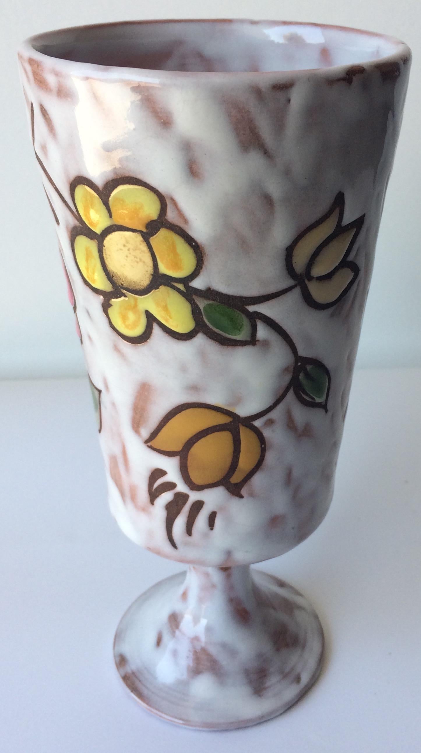 Handcrafted, hand painted French midcentury ceramic vase. 

Beautifully decorated with floral designs and glazed. 
Signed on the bottom, Miclay.
 
Measures: 
Height: 7.68 in (19.5 cm)
Diameter: 3.55 in (9 cm)
