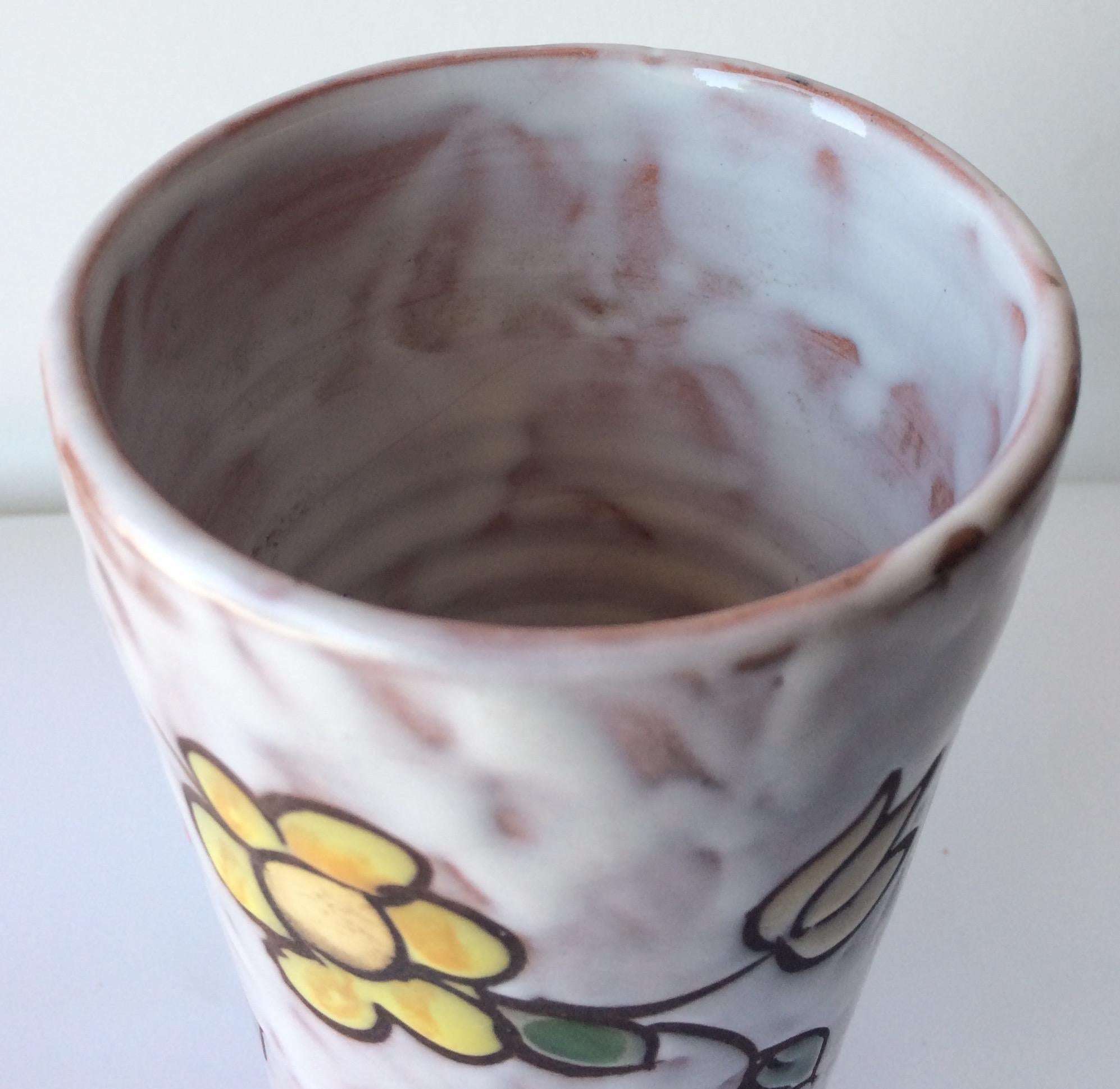 French Midcentury Ceramic Vase Hand-Crafted with Flowers Signed Miclay  In Good Condition For Sale In Miami, FL
