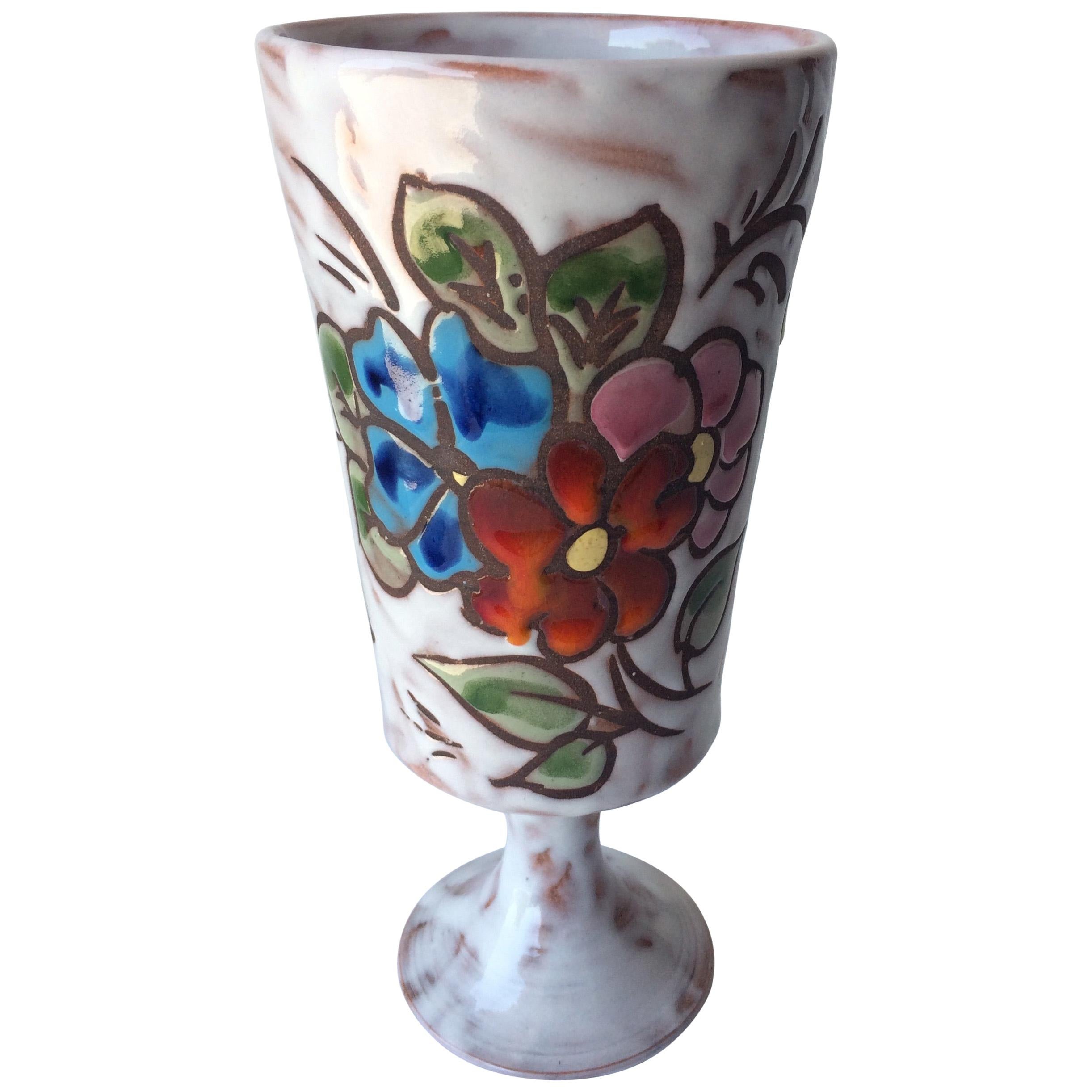 Midcentury Floral Designed Ceramic Vase Signed Miclay