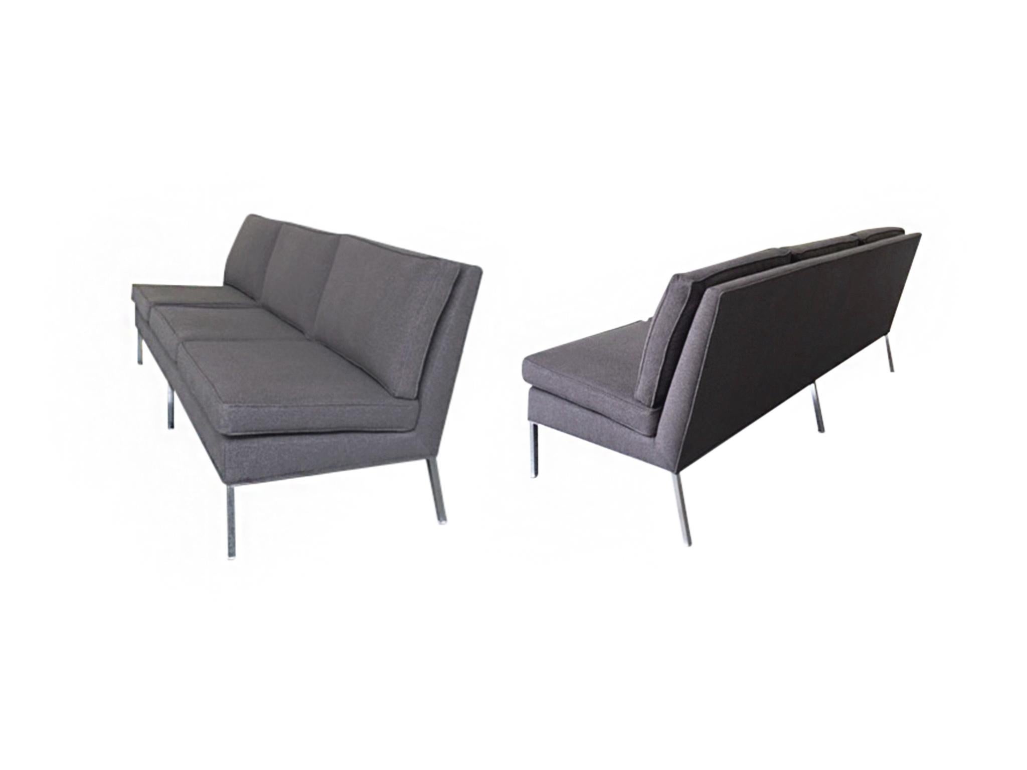 These two sofas were designed by Florence Knoll in the 1950s. They are a three-seater and are armless, providing open space and easy access on three sides. While the base is the original chromed steel frame, both the upholstery and cushioning are