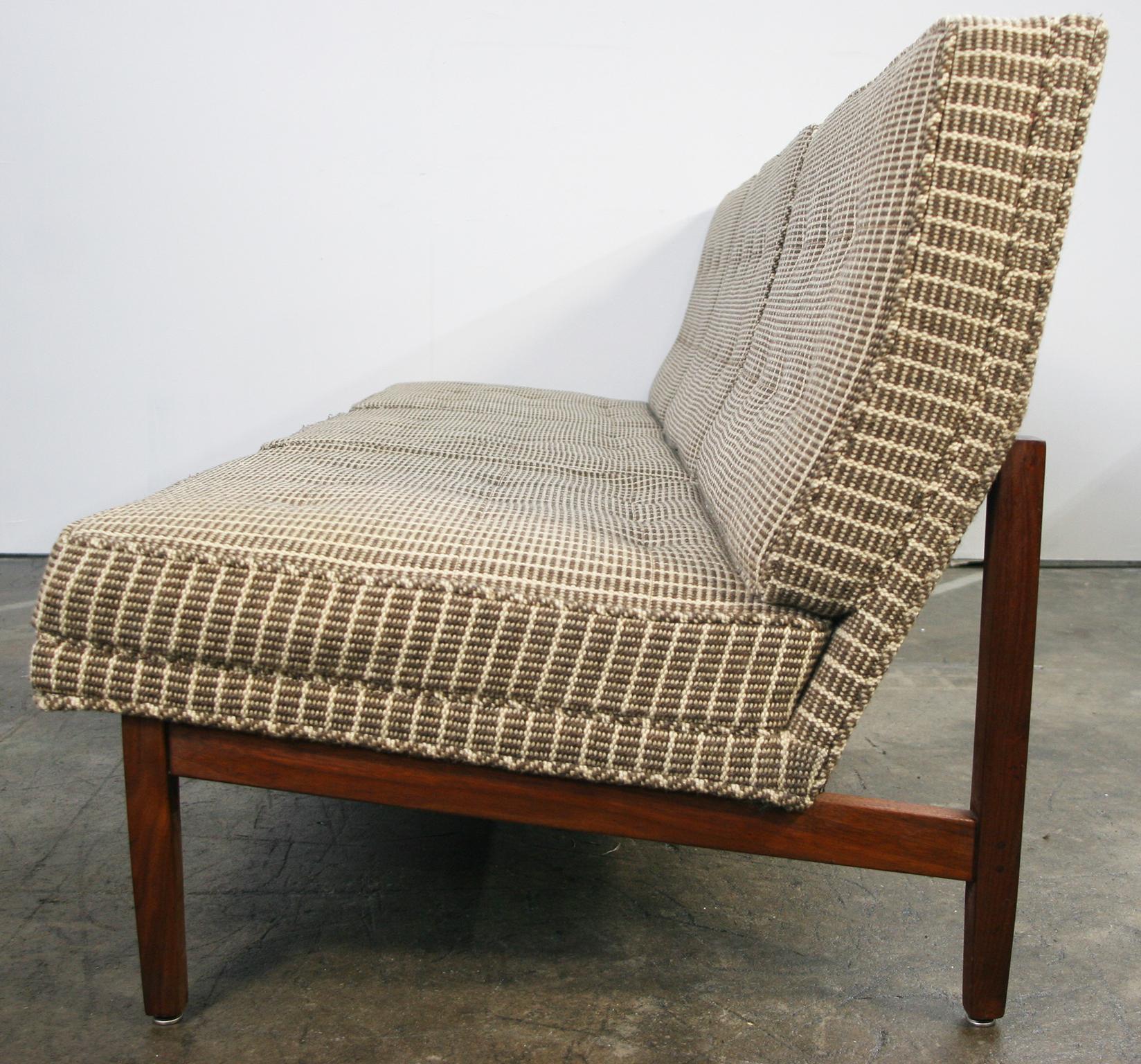 Midcentury Florence Knoll Sofa #53 T Three-Seat Solid Teak Base Wool Upholstery In Good Condition In BROOKLYN, NY