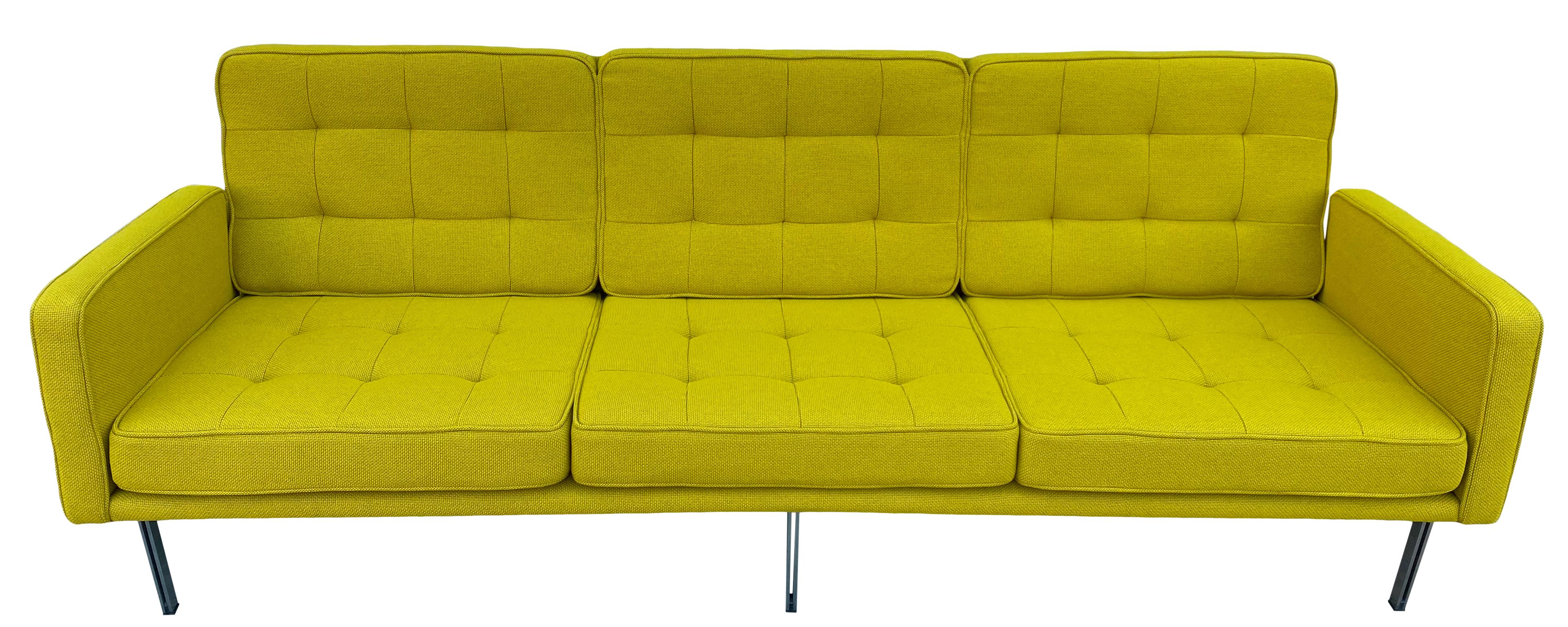 Incredible rare vintage circa 1960 Midcentury Florence Knoll Parallel Bar System sofa Model #57 three-seat sofa with arms. Designed by Florence Knoll for Knoll Int. USA. Solid Steel frame has New Knoll Uni-form Woven ochre upholstery. All new foam