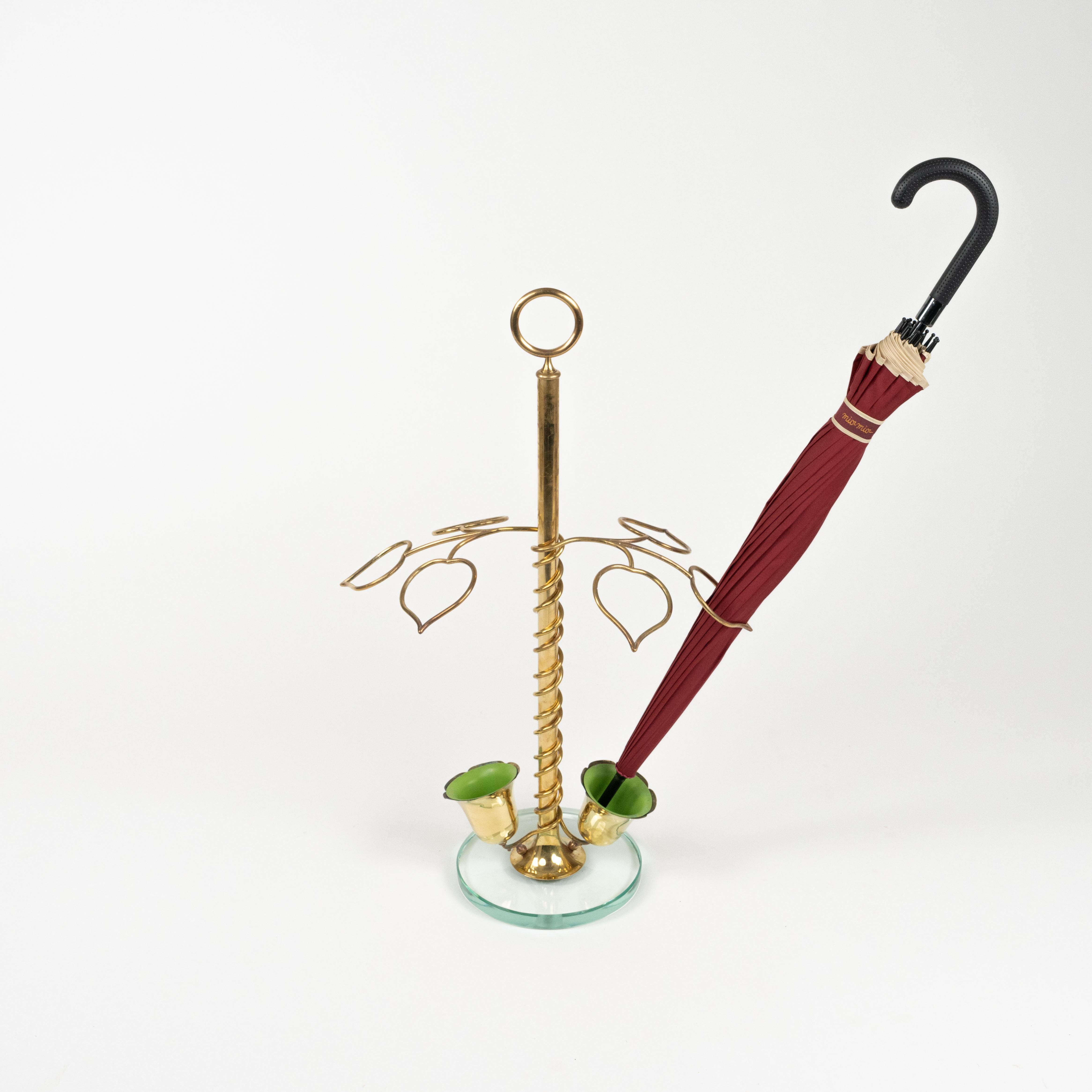 Italian Midcentury Flower Umbrella Stand Glass and Brass Cristal Arte Style, Italy 1960s For Sale