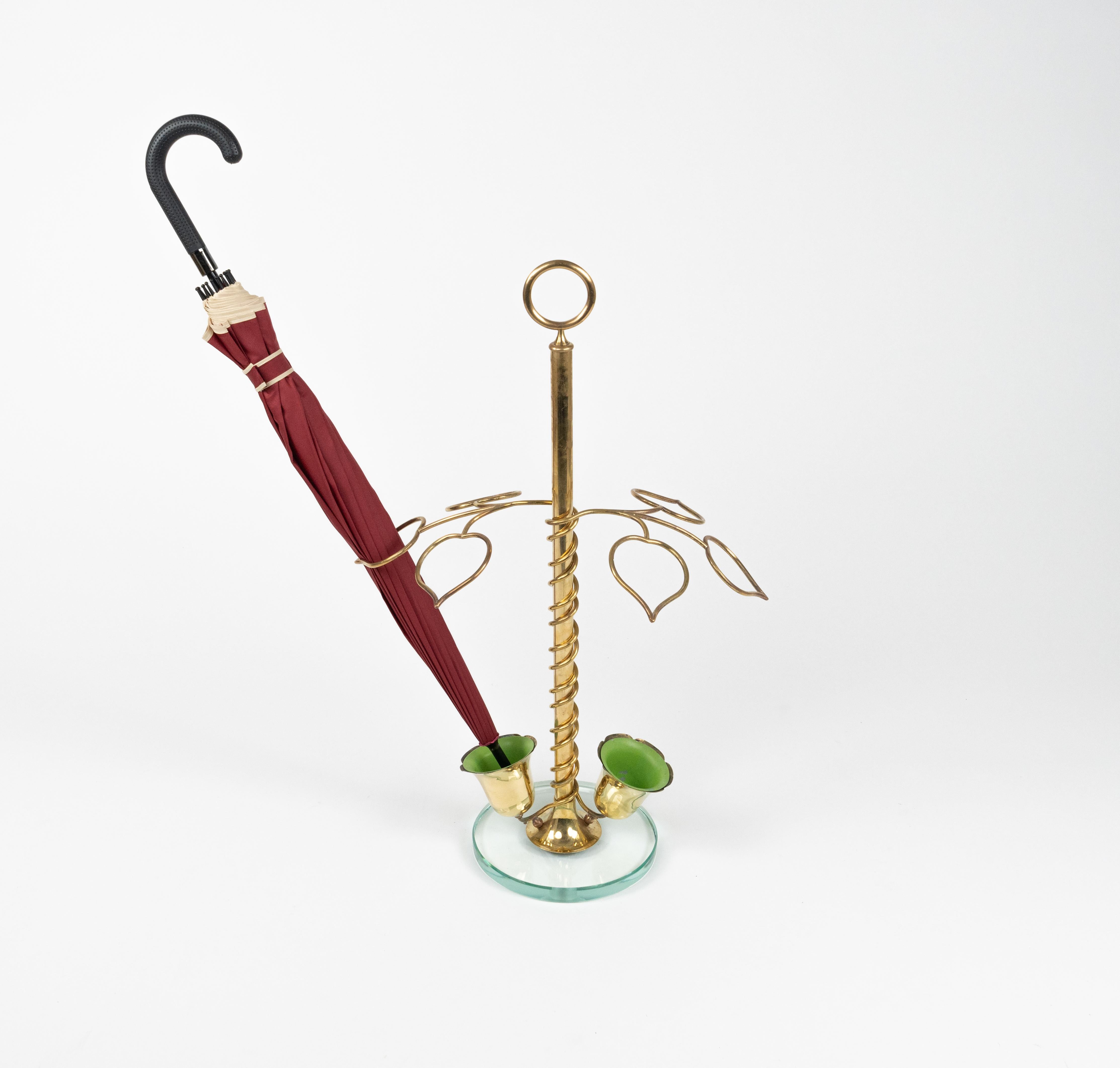 Mid-20th Century Midcentury Flower Umbrella Stand Glass and Brass Cristal Arte Style, Italy 1960s For Sale