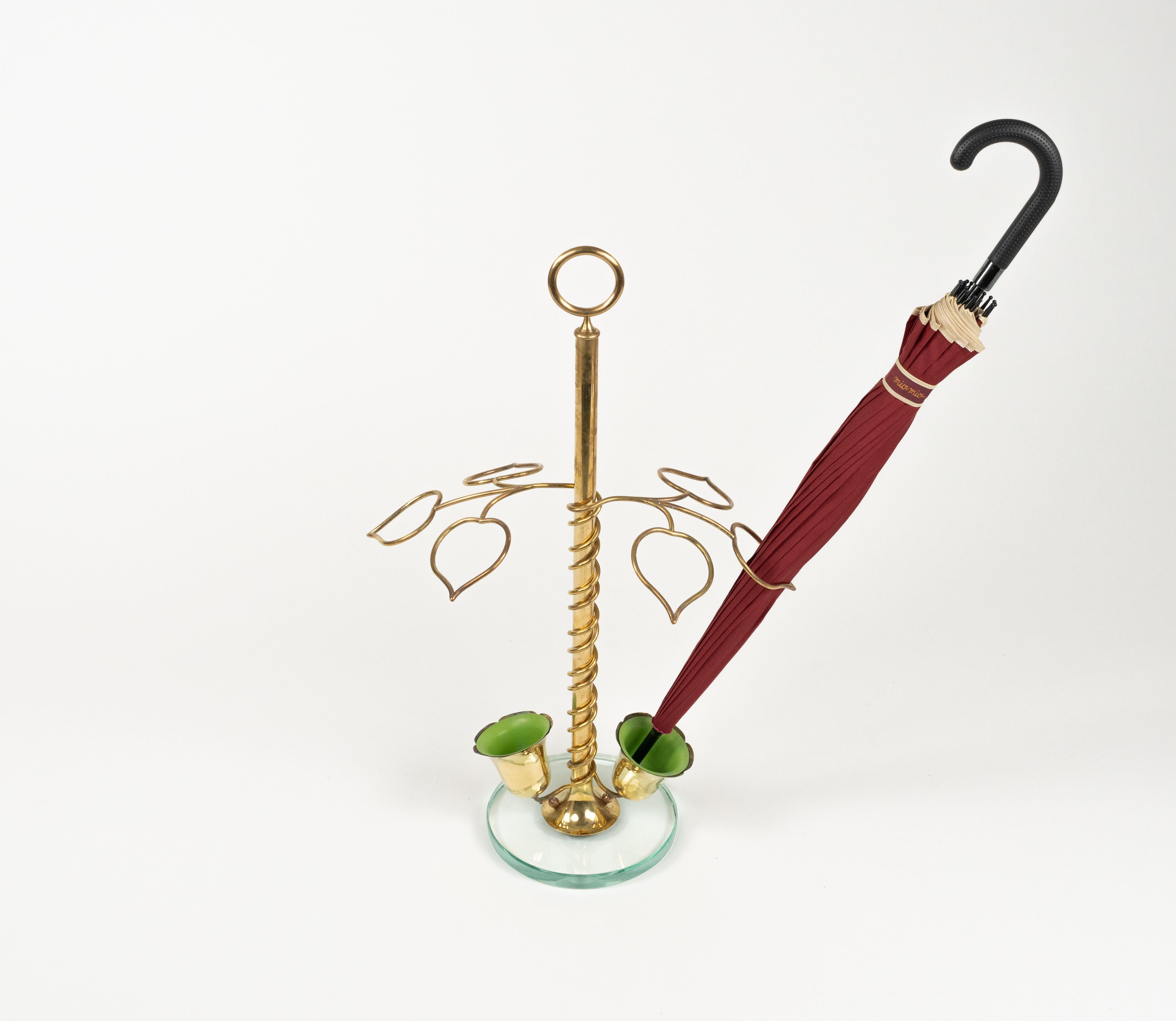 Midcentury Flower Umbrella Stand Glass and Brass Cristal Arte Style, Italy 1960s For Sale 1
