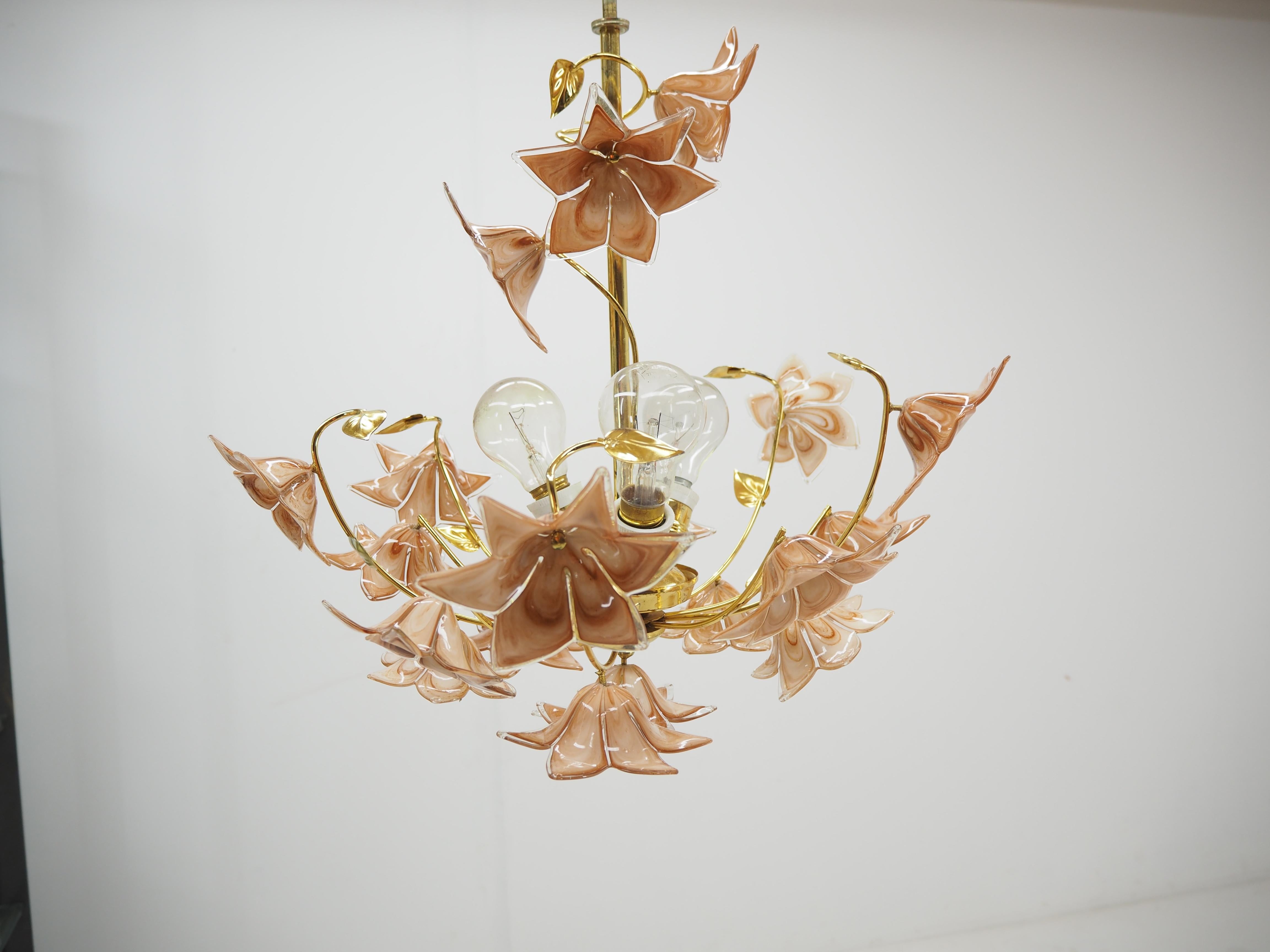 Midcentury Flowers Chandelier, Glass and Brass, 1960s For Sale 4