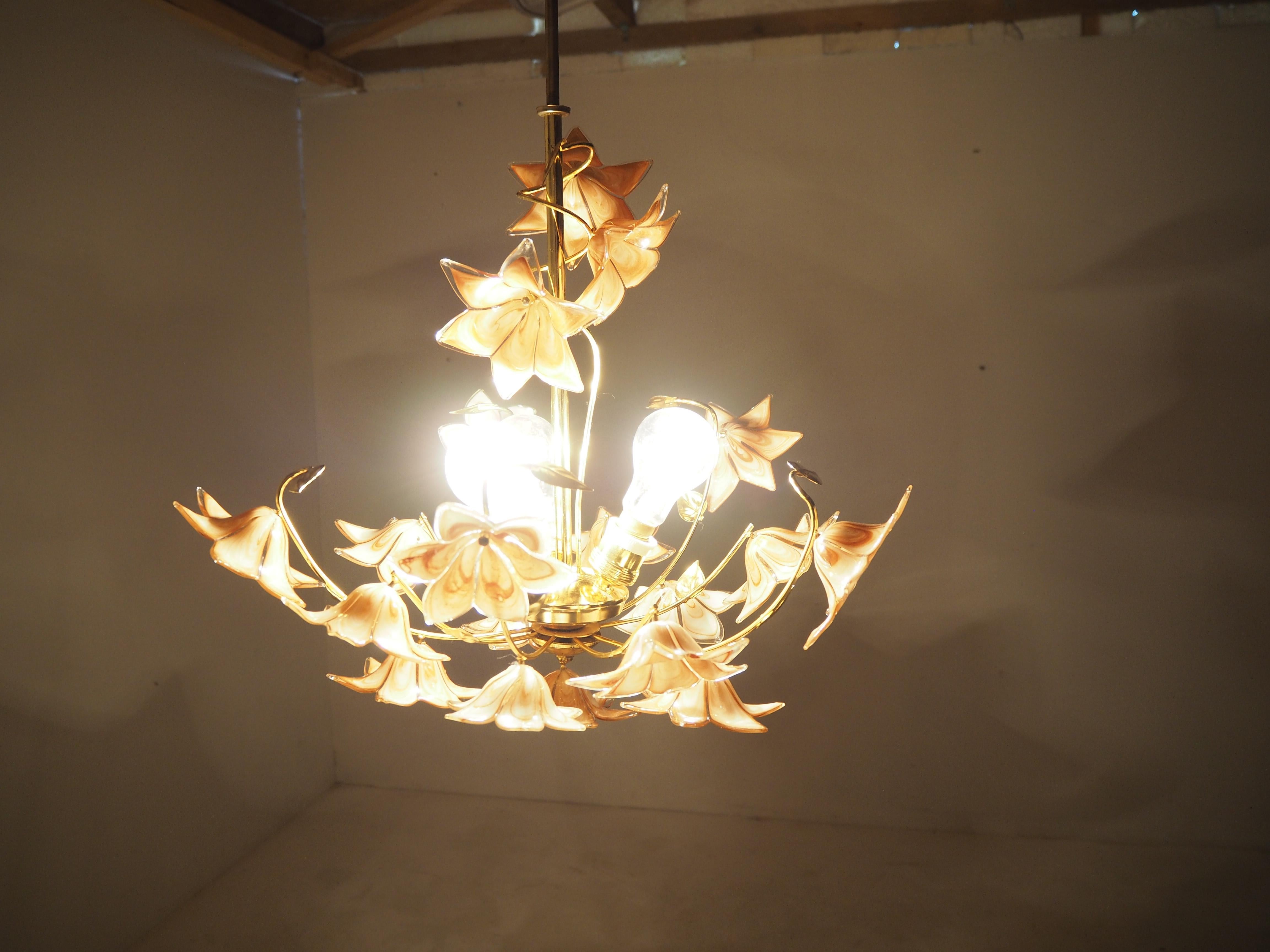 Midcentury Flowers Chandelier, Glass and Brass, 1960s For Sale 7