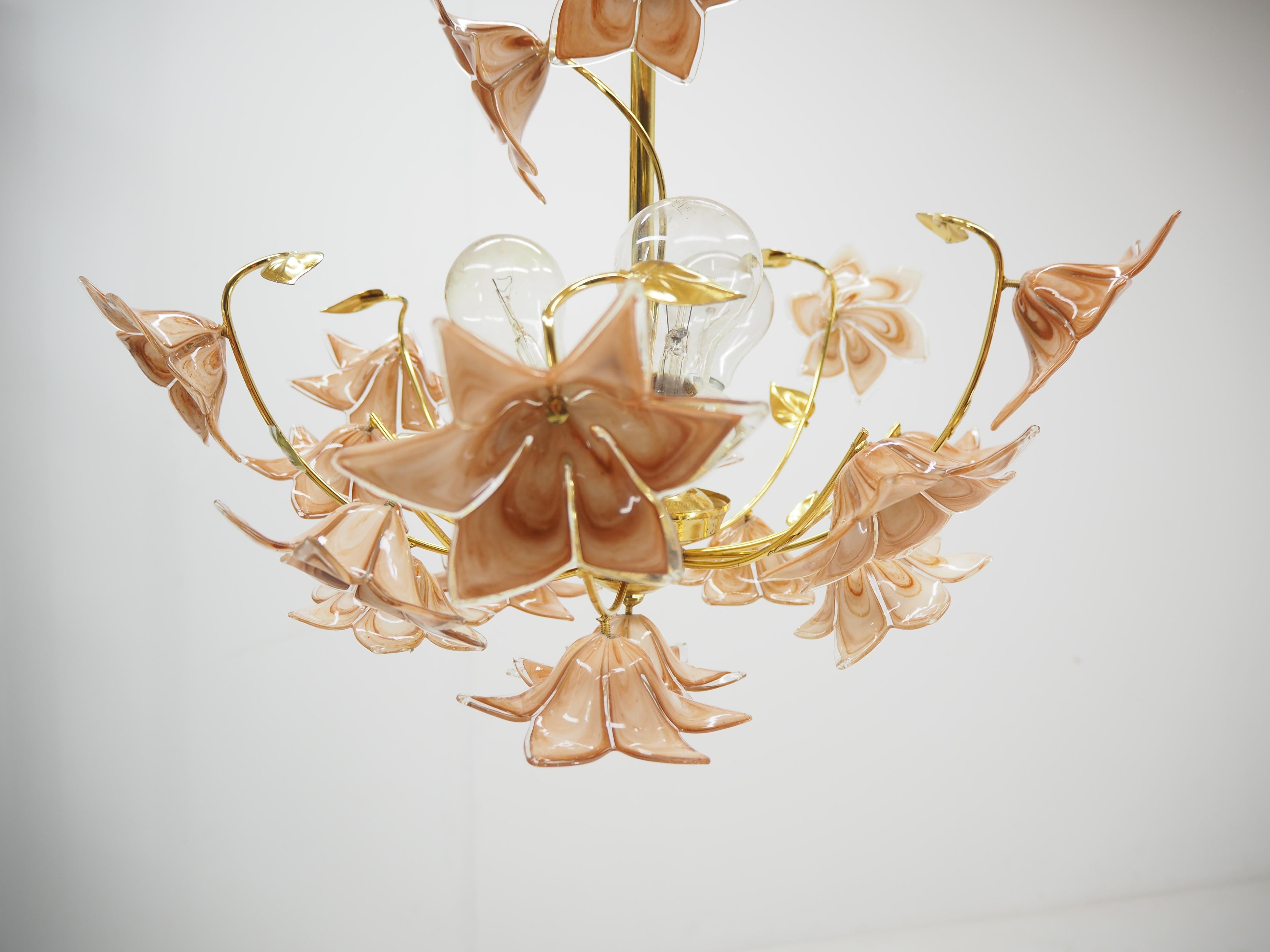 Adam Style Midcentury Flowers Chandelier, Glass and Brass, 1960s For Sale