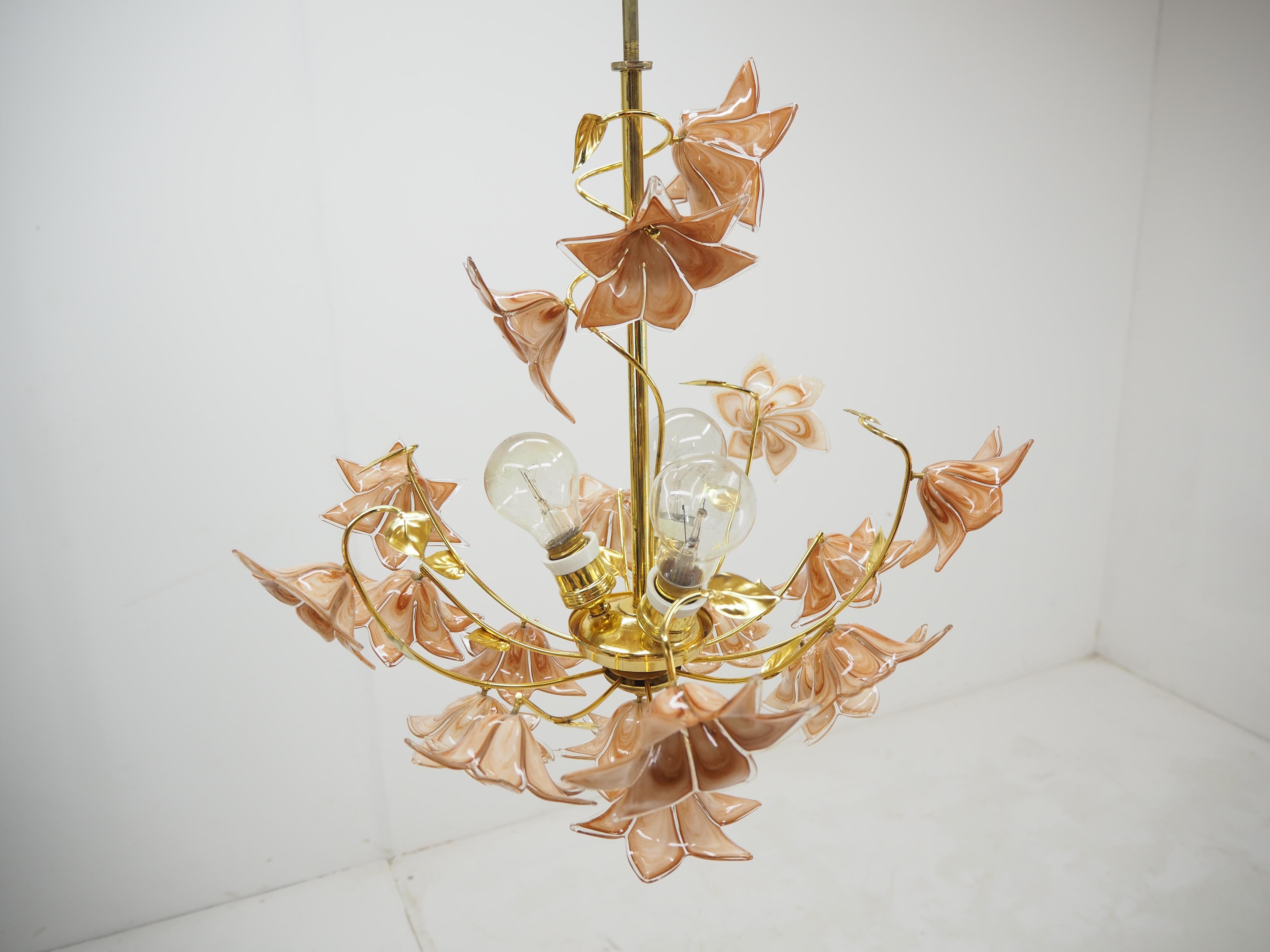 European Midcentury Flowers Chandelier, Glass and Brass, 1960s For Sale