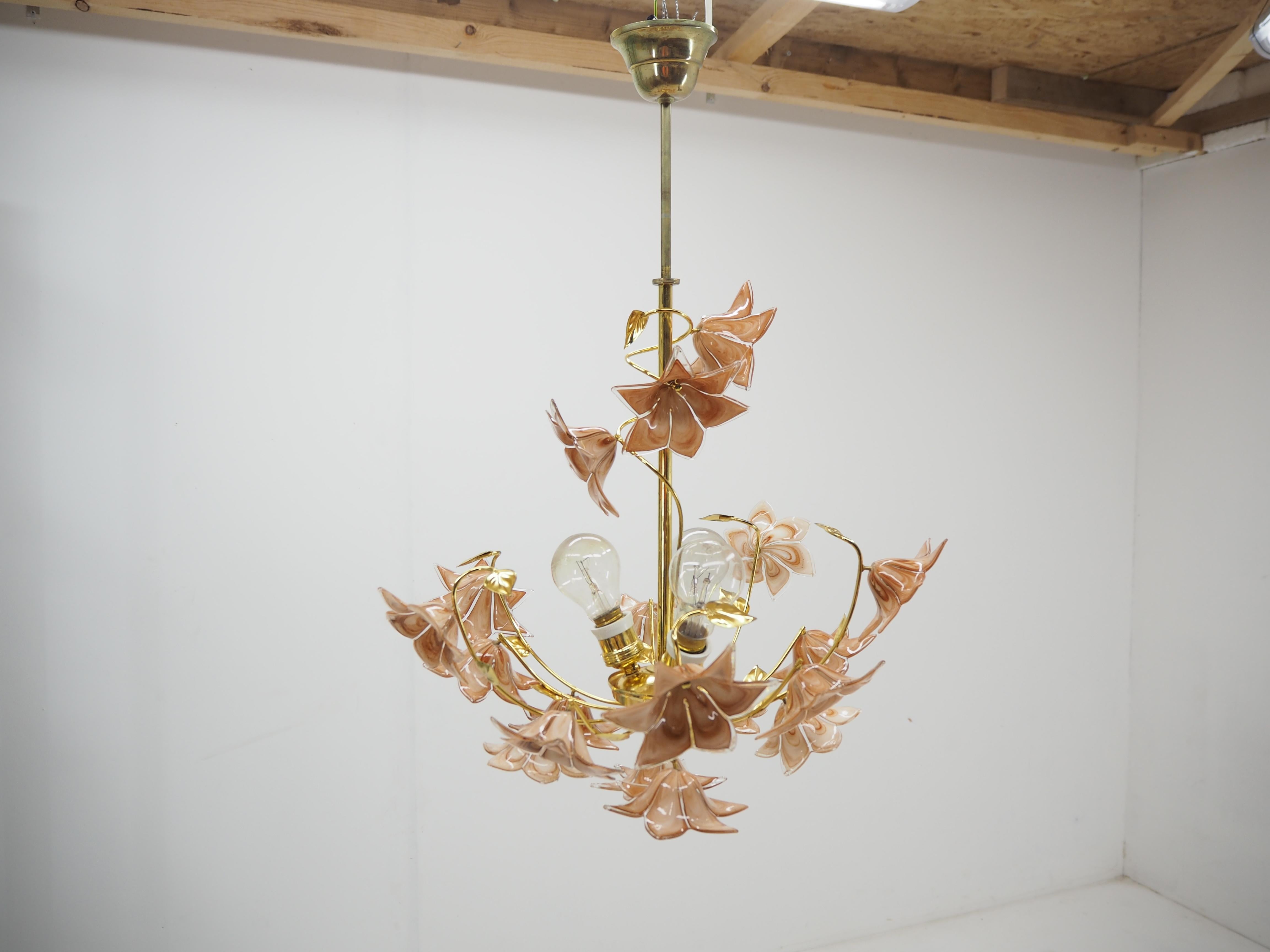 Midcentury Flowers Chandelier, Glass and Brass, 1960s For Sale 3