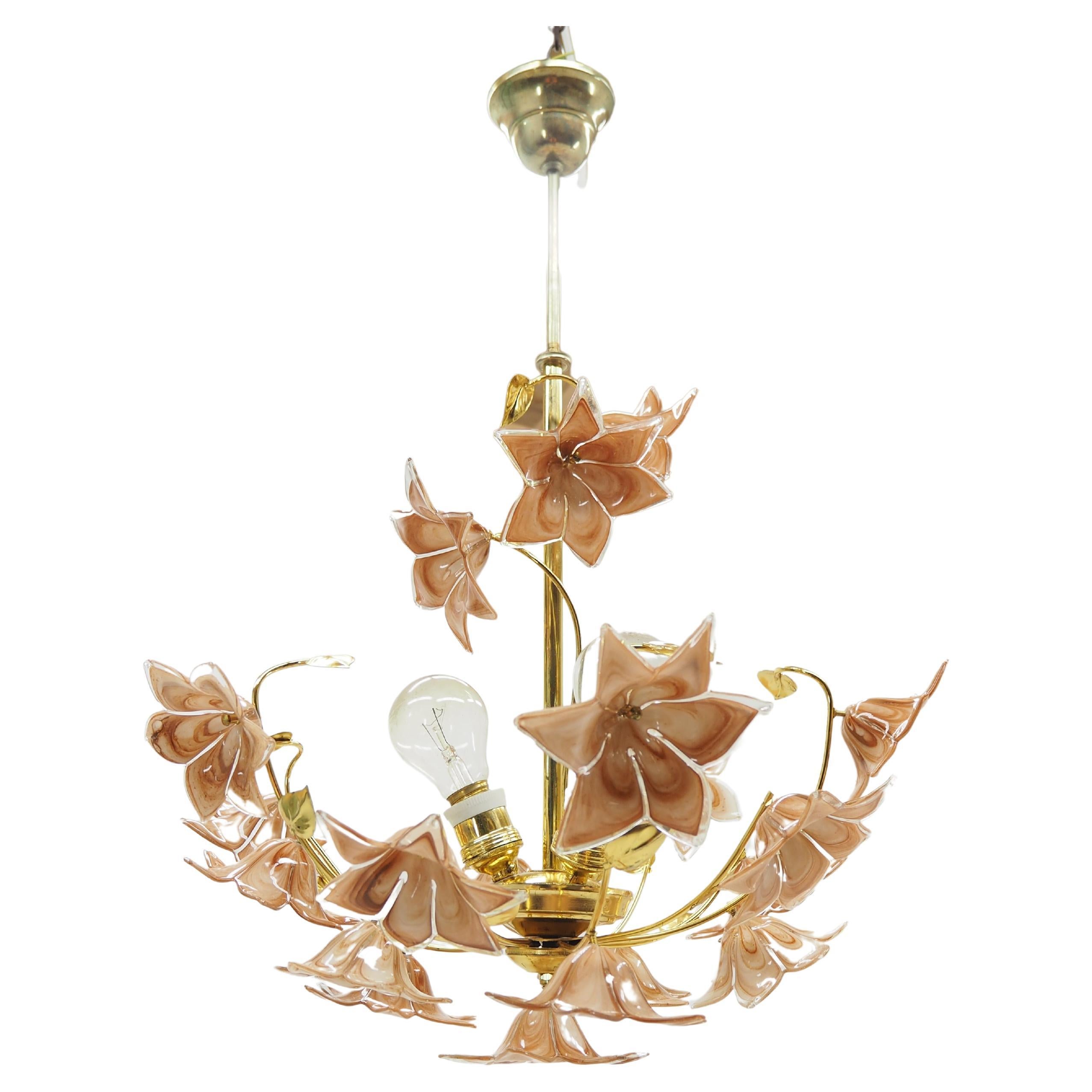 Midcentury Flowers Chandelier, Glass and Brass, 1960s
