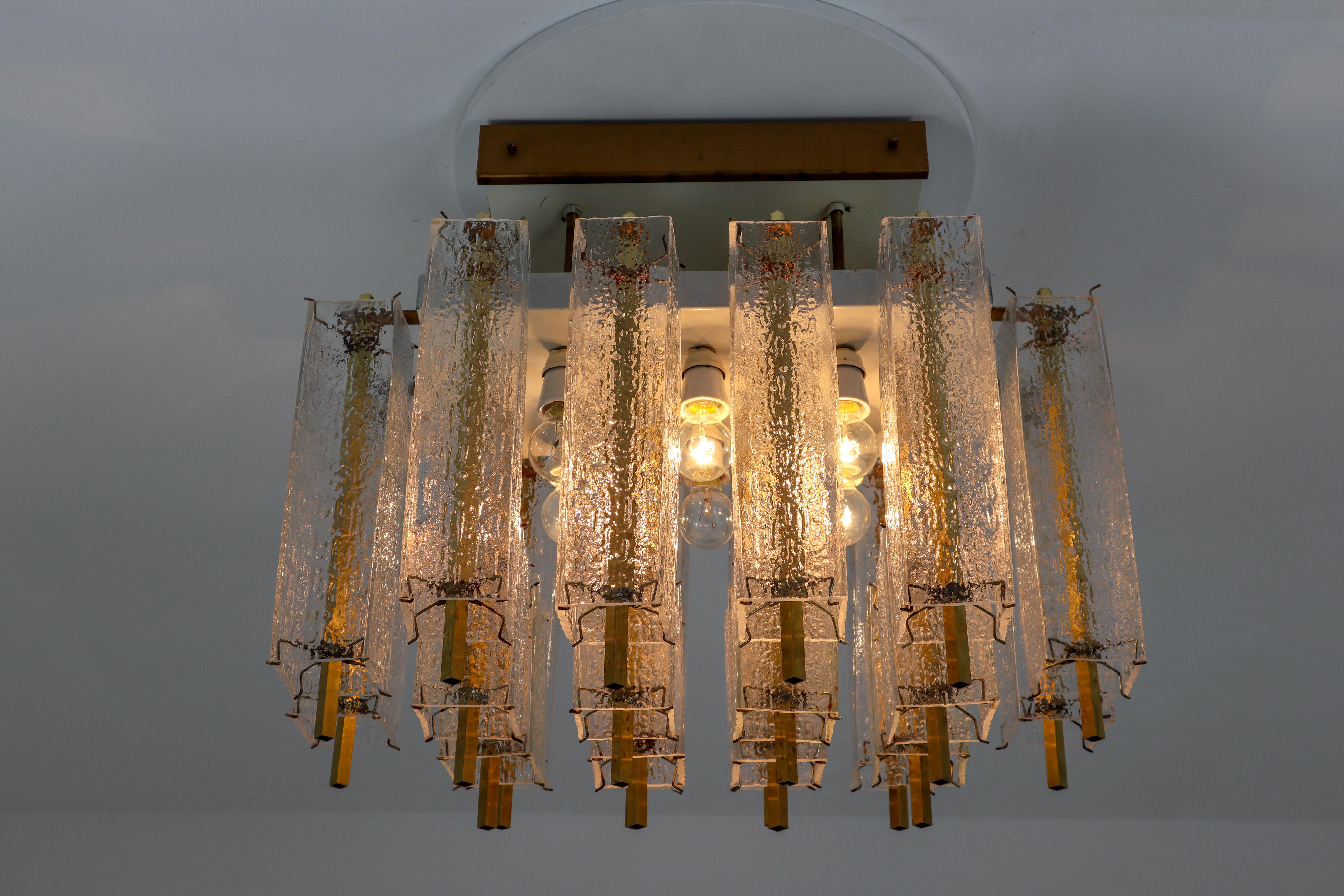 Hollywood Regency Midcentury Flush Mount Chandelier with Structured Glass and Brass Frame, 1960s