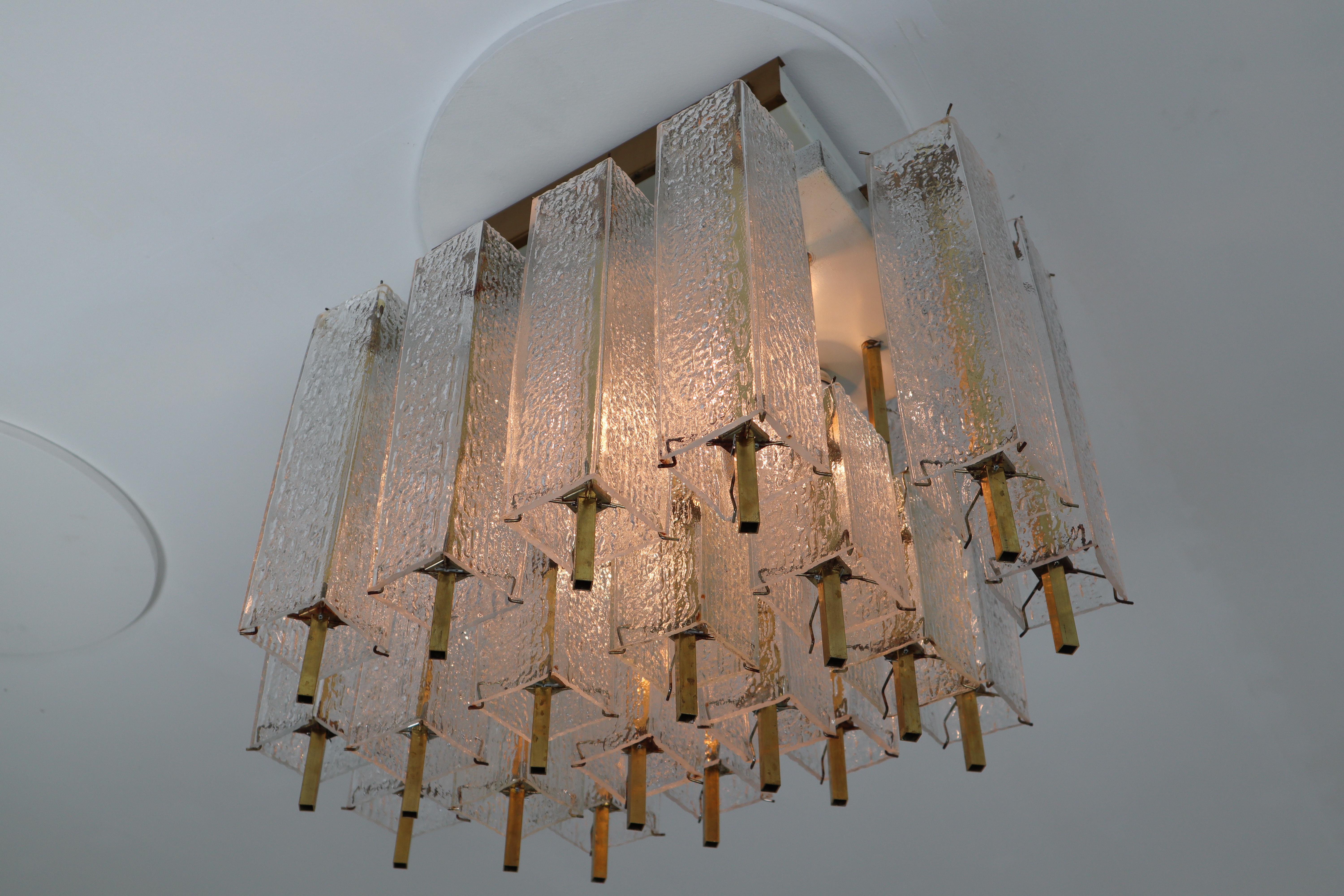 European Midcentury Flush Mount Chandelier with Structured Glass and Brass Frame, 1960s