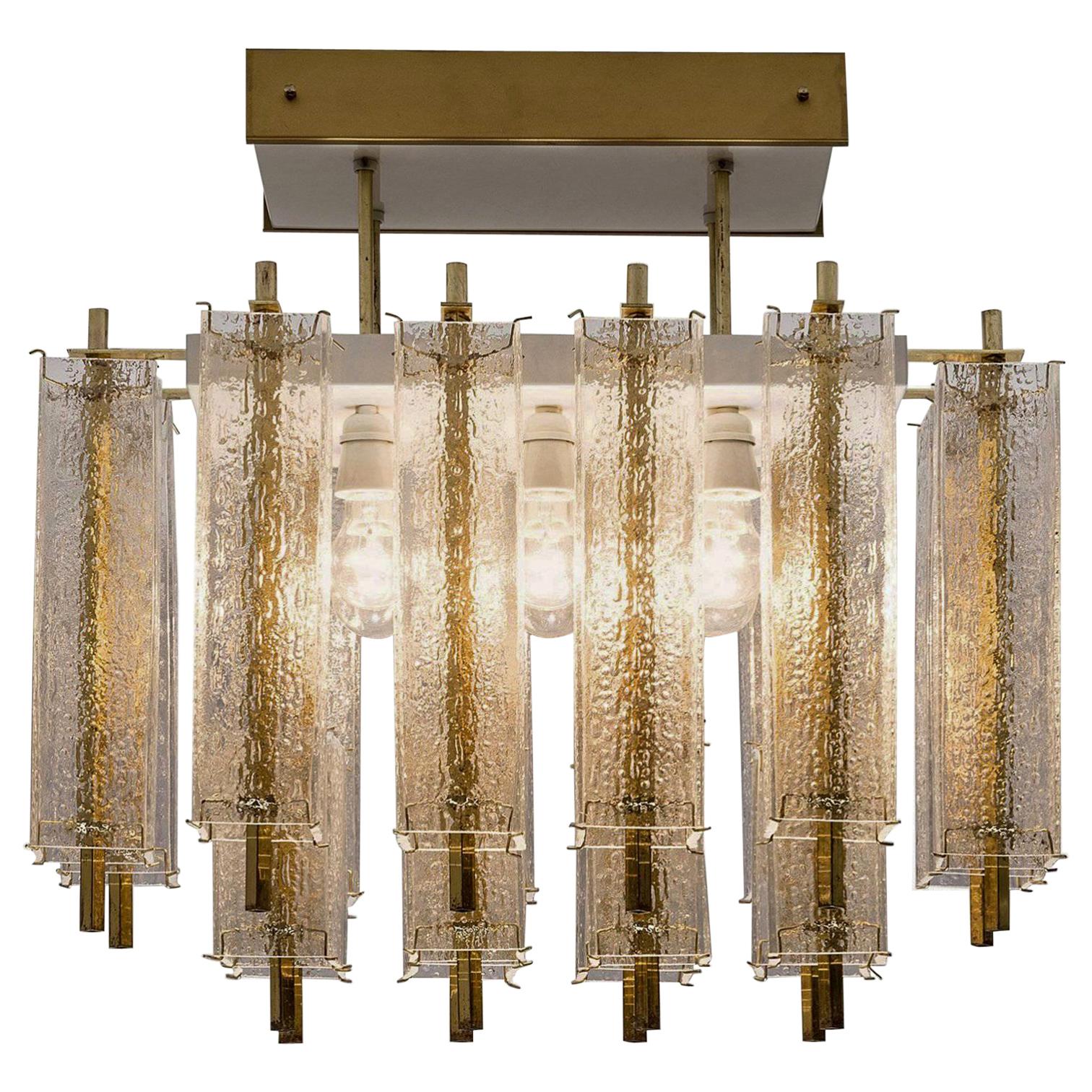 Midcentury Flush Mount Chandelier with Structured Glass and Brass Frame, 1960s