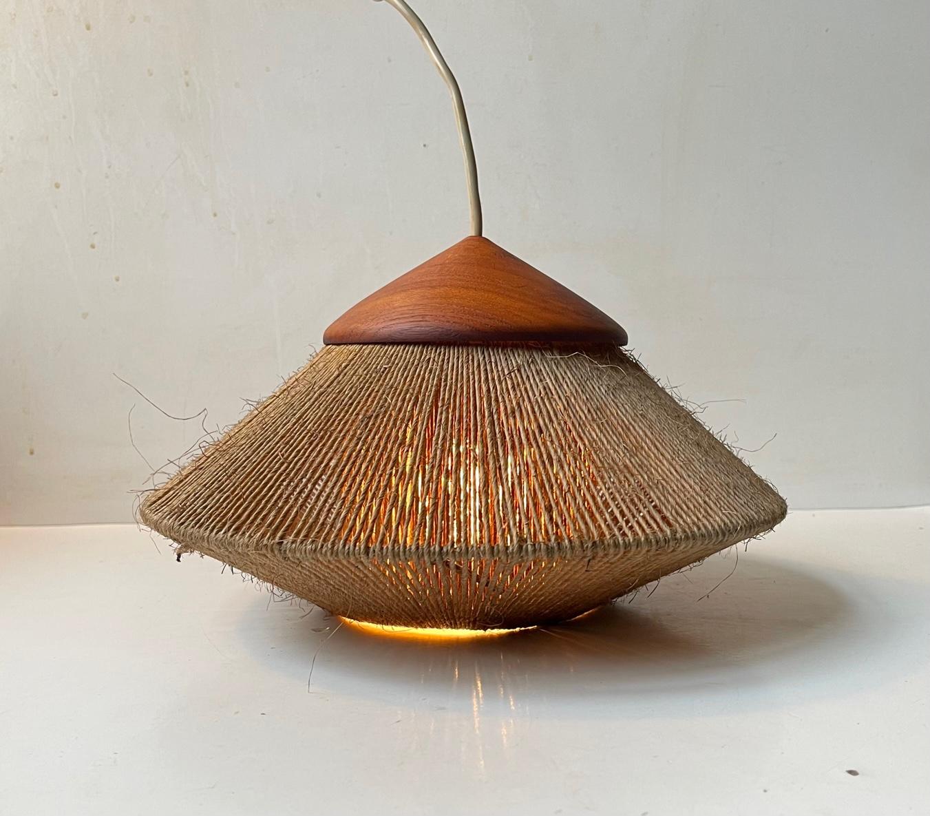 Mid-Century Modern Midcentury Fog & Mørup Pendant Lamp in Natural Jute String and Teak, 1960s