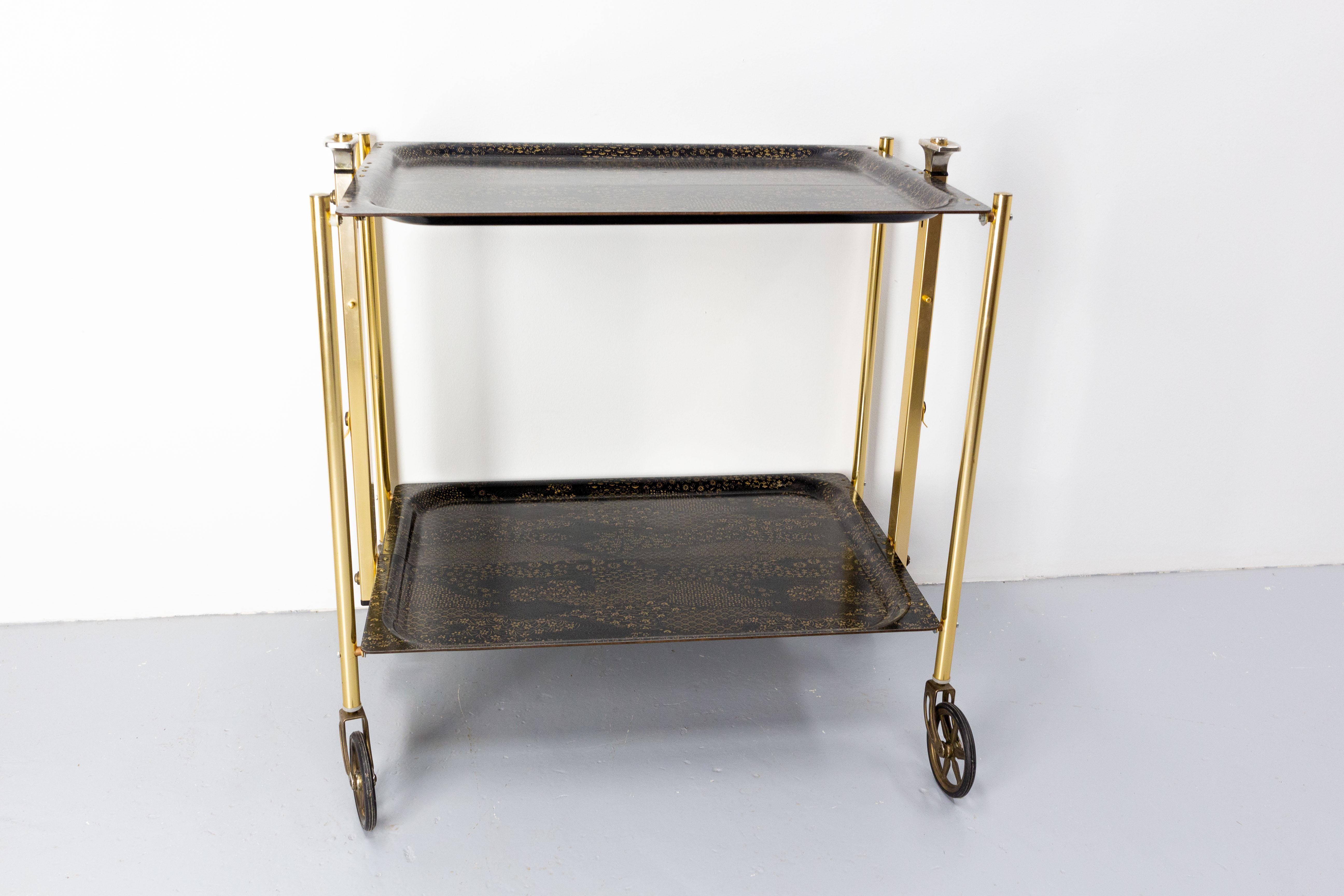 Mid-Century Modern Midcentury Foldable Trolley Chrome and Plywood Bar Cart for Textable, 1950