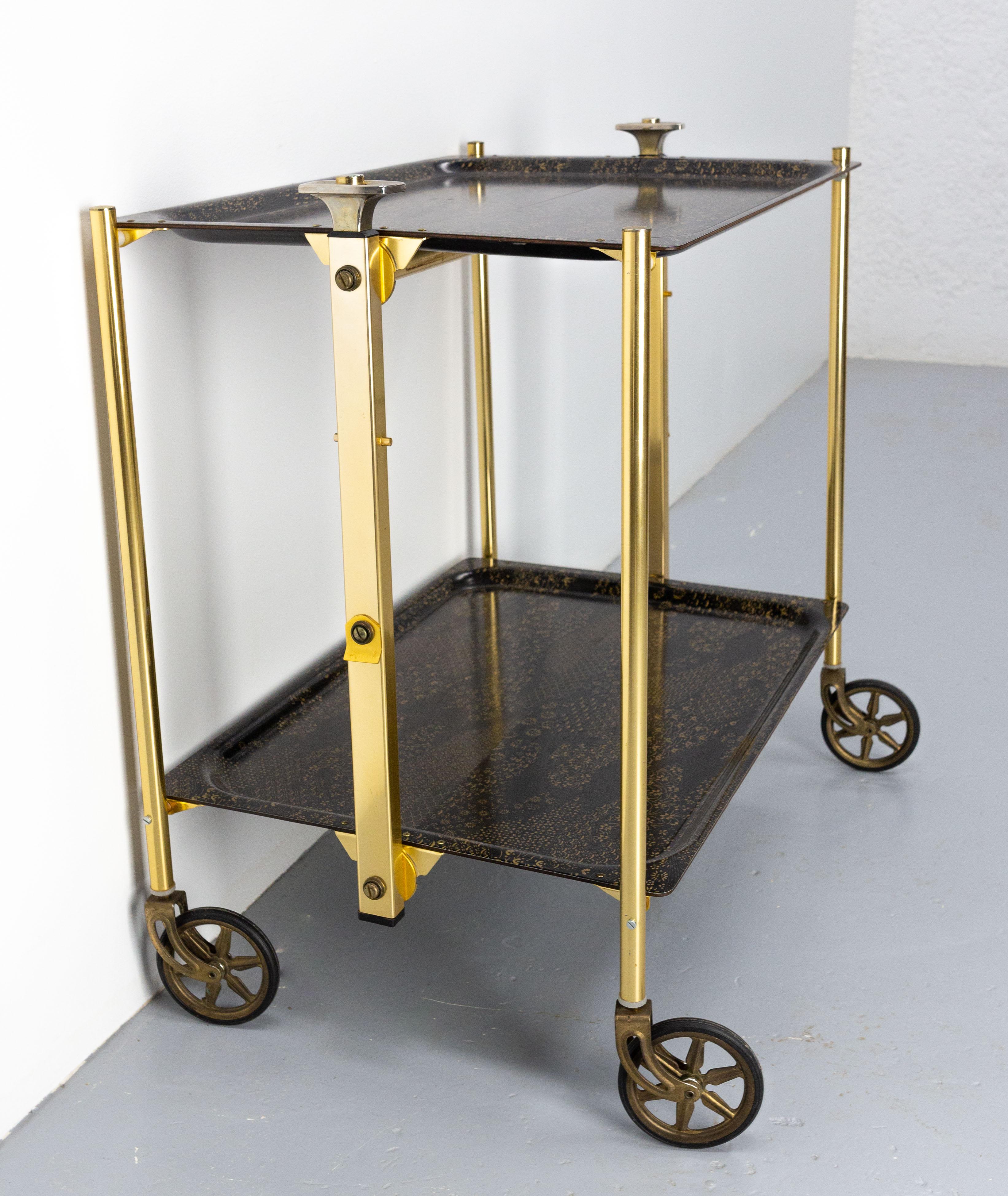 Chariot de bar pliable du milieu du siècle dernier, chromé et en contreplaqué pour texturé, 1950 Bon état à Labrit, Landes