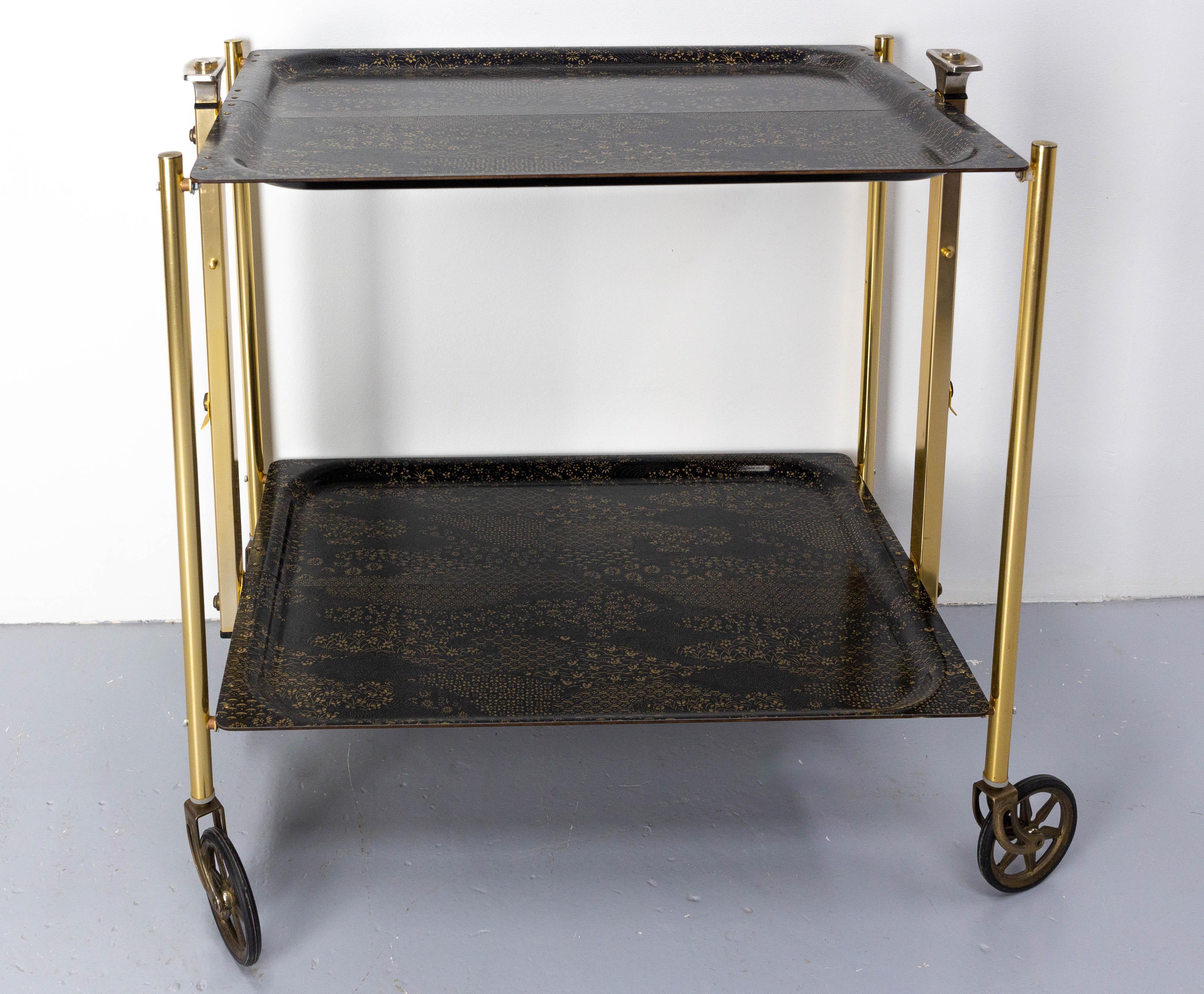 Midcentury Foldable Trolley Chrome and Plywood Bar Cart for Textable, 1950 1