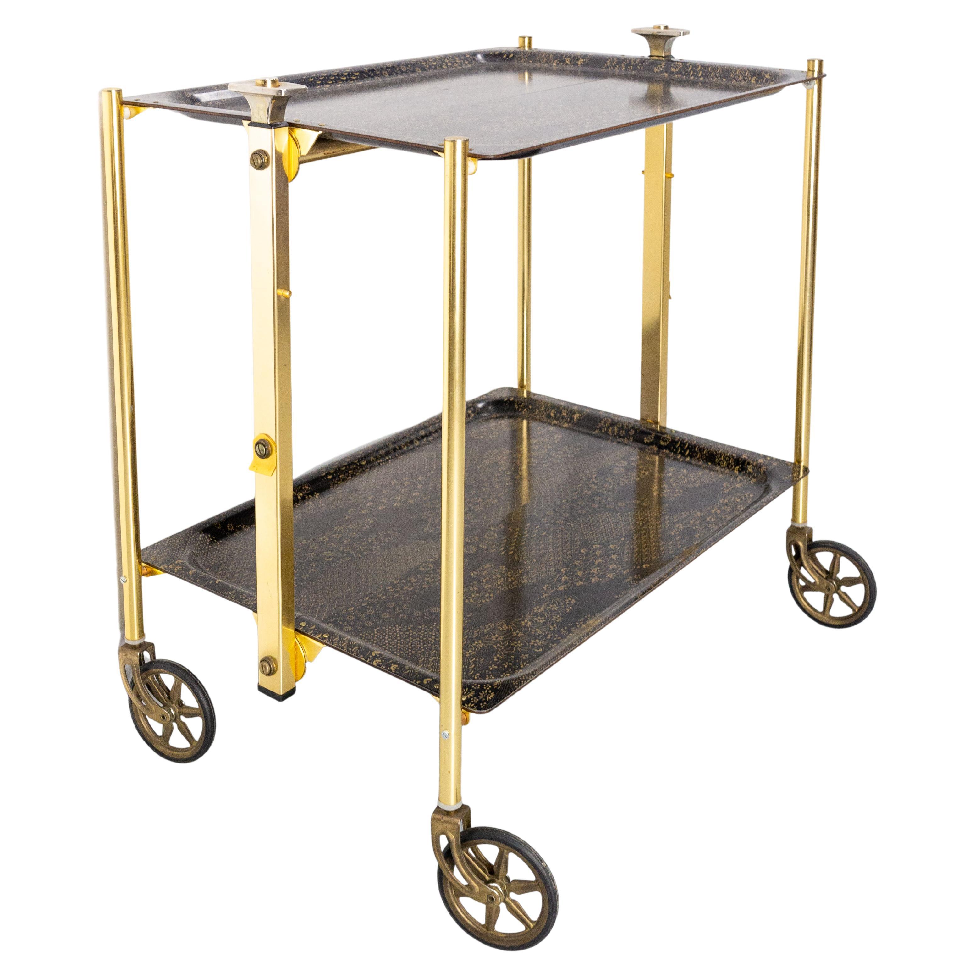 Midcentury Foldable Trolley Chrome and Plywood Bar Cart for Textable, 1950
