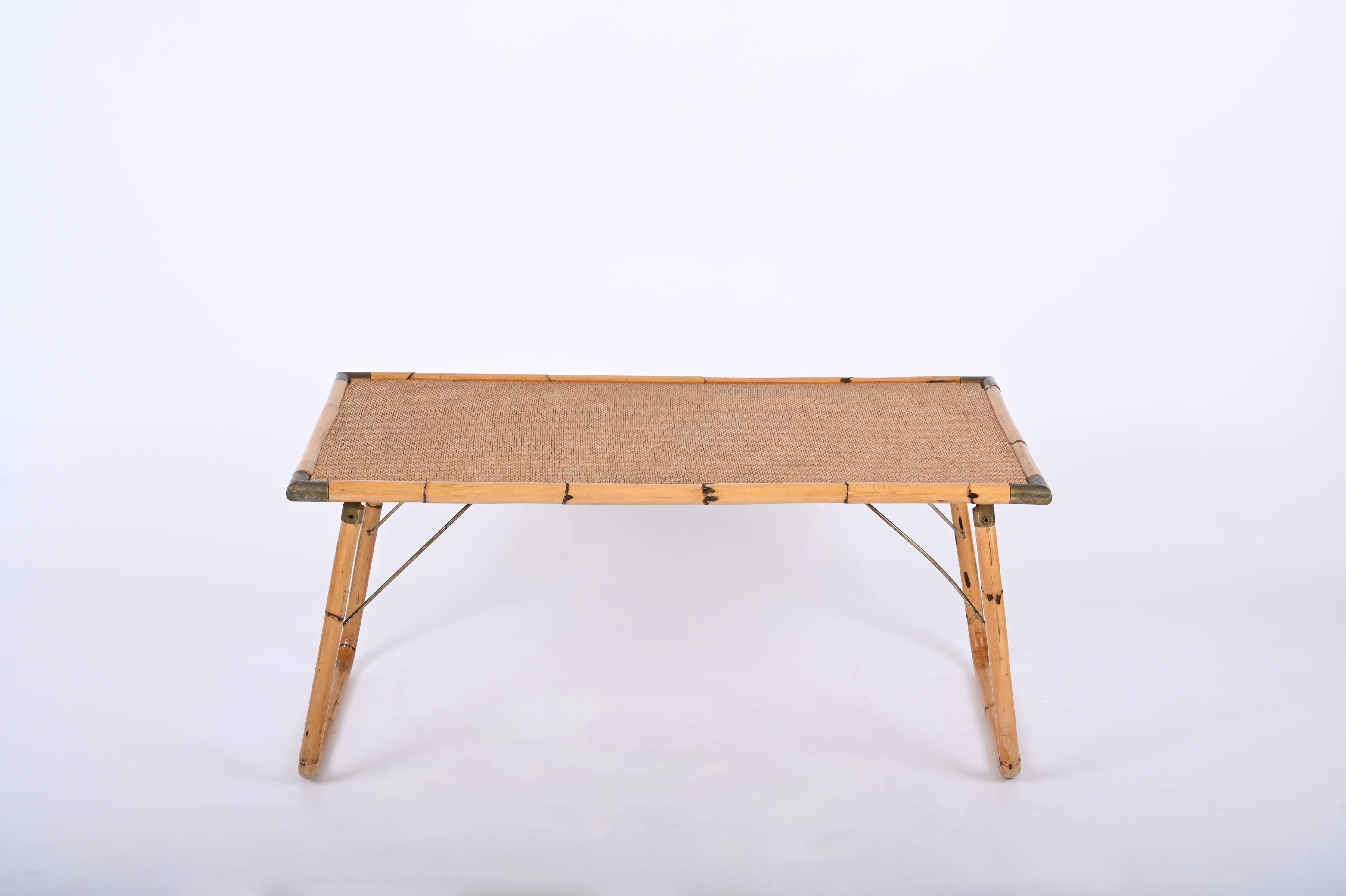 Italian Midcentury Folding Bamboo and Brass Coffee Table, Italy 1960s For Sale