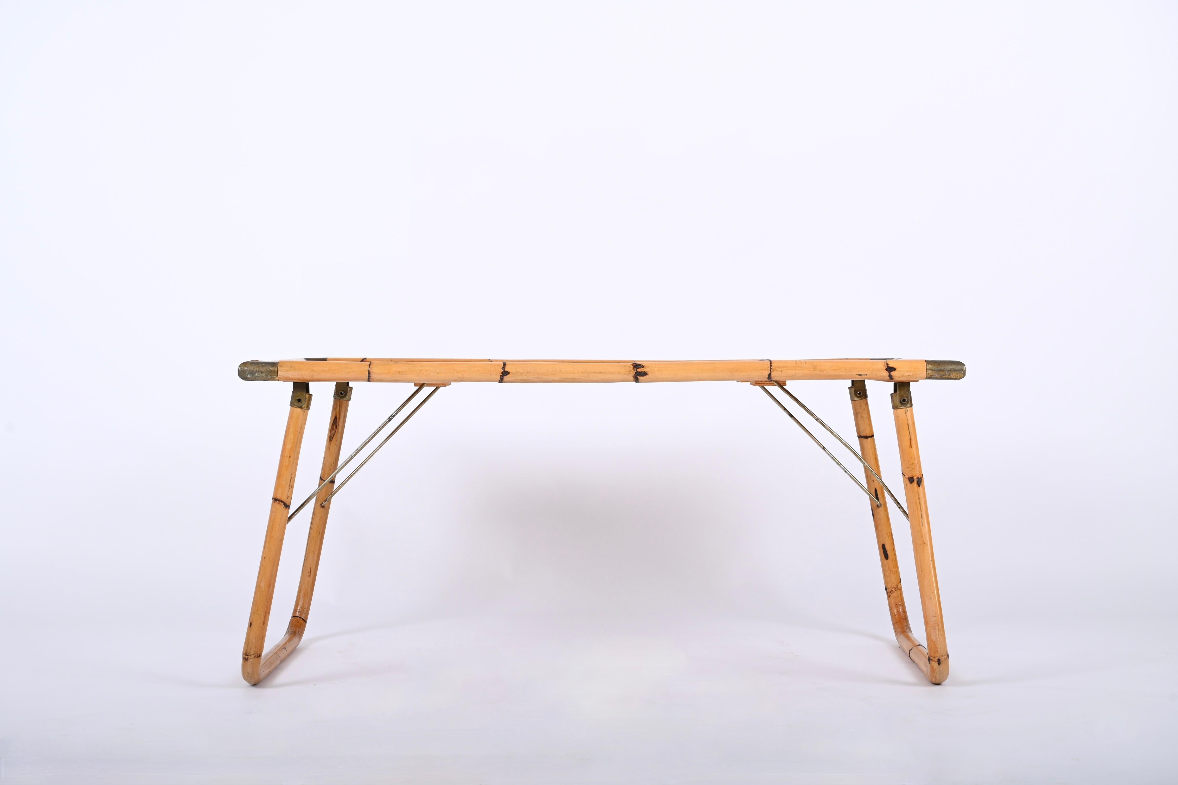 Midcentury Folding Bamboo and Brass Coffee Table, Italy 1960s For Sale 1