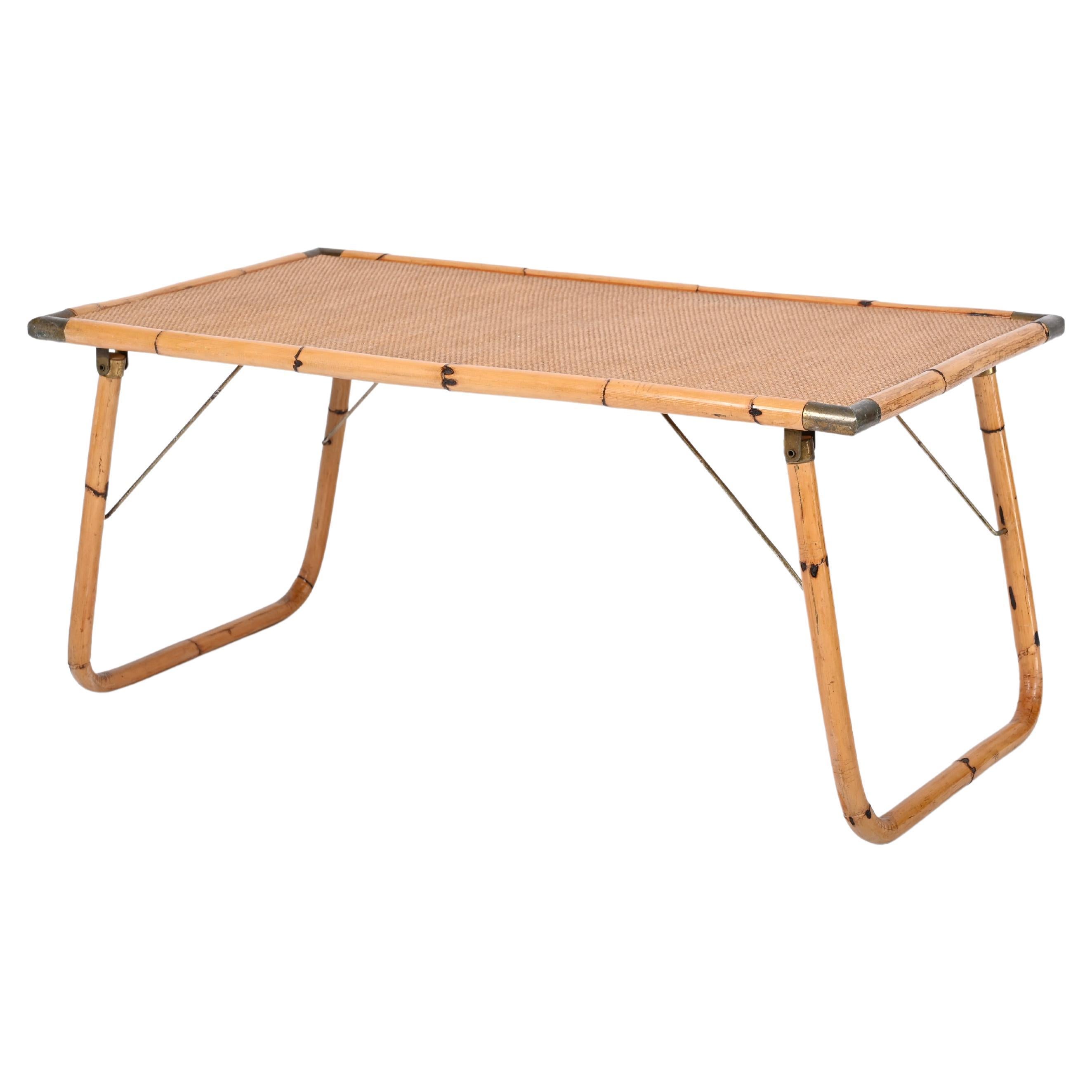 Midcentury Folding Bamboo and Brass Coffee Table, Italy 1960s