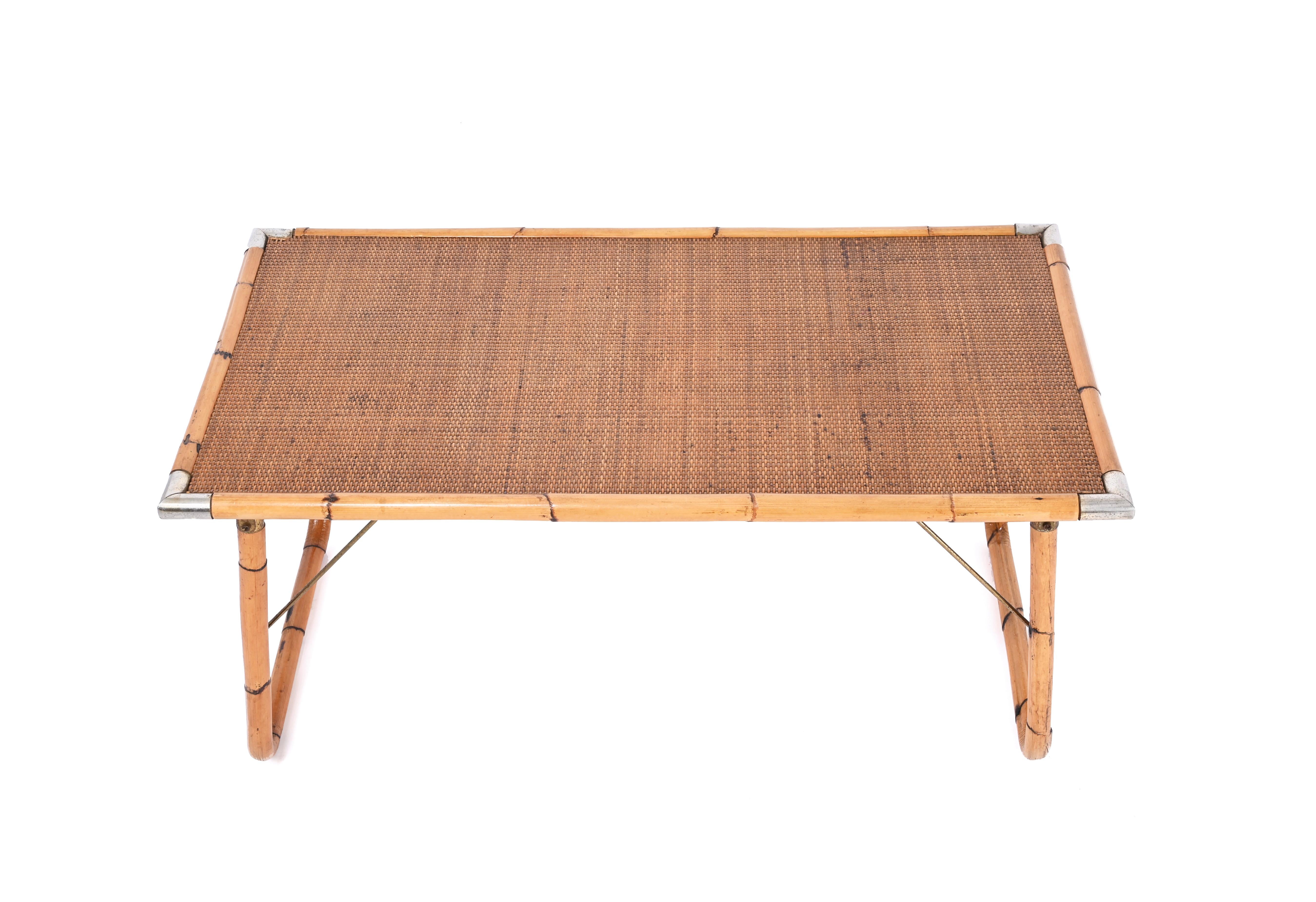 Midcentury Folding Coffee Table in Bamboo, Wicker and Metal, Italy 1960s 6