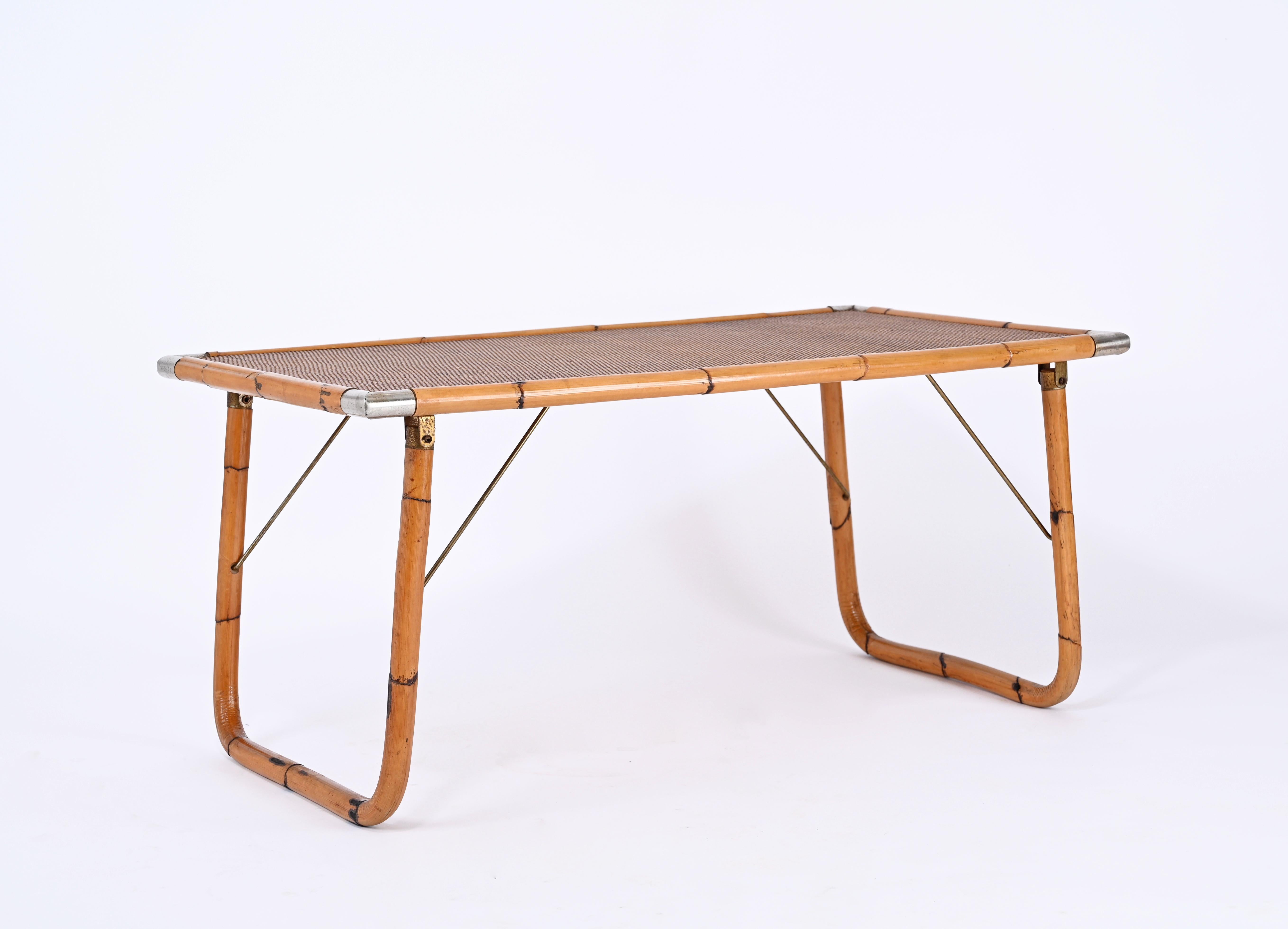 Midcentury Folding Coffee Table in Bamboo, Wicker and Metal, Italy 1960s 8