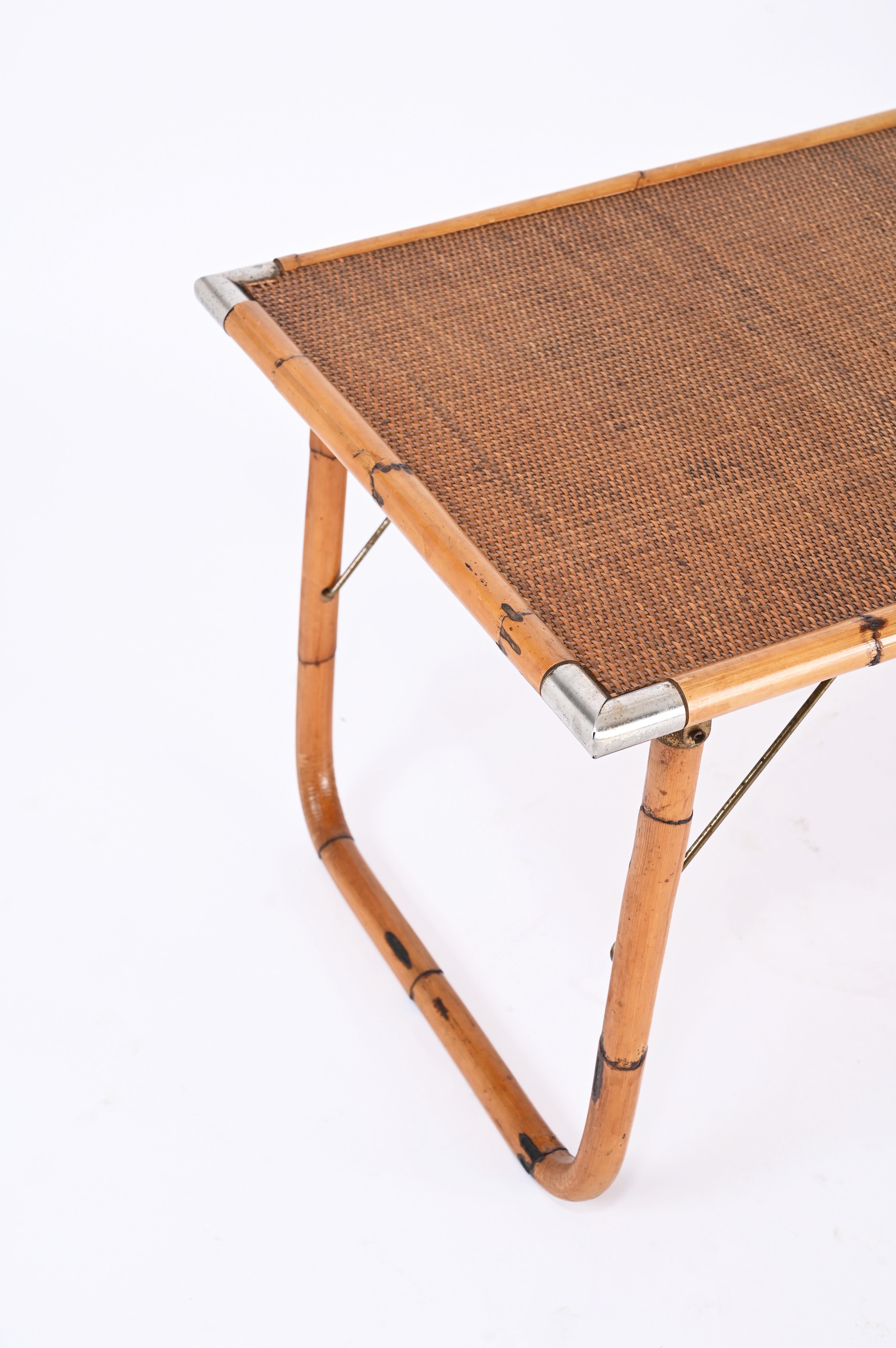 Midcentury Folding Coffee Table in Bamboo, Wicker and Metal, Italy 1960s 9