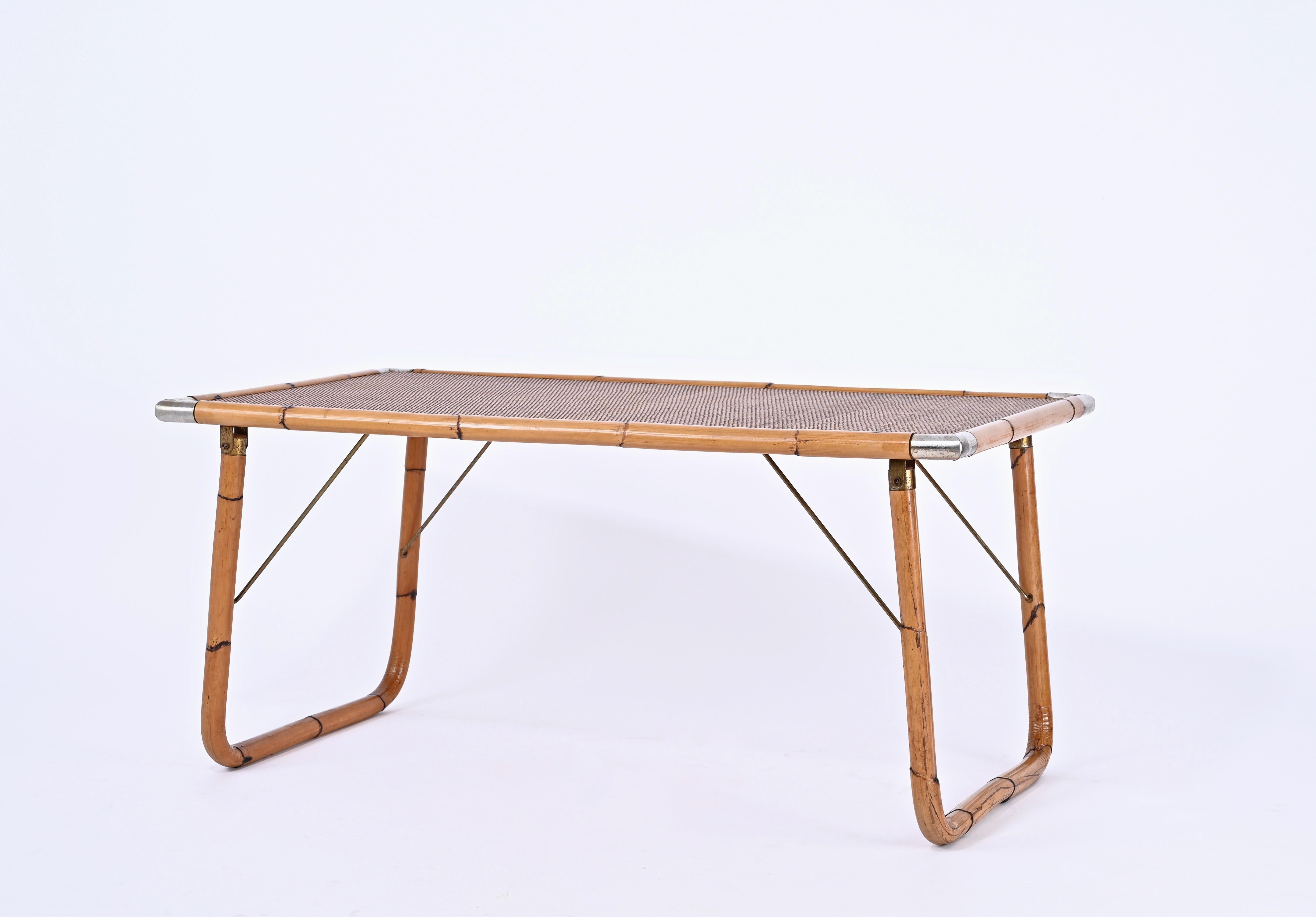 Mid-Century Modern Midcentury Folding Coffee Table in Bamboo, Wicker and Metal, Italy 1960s